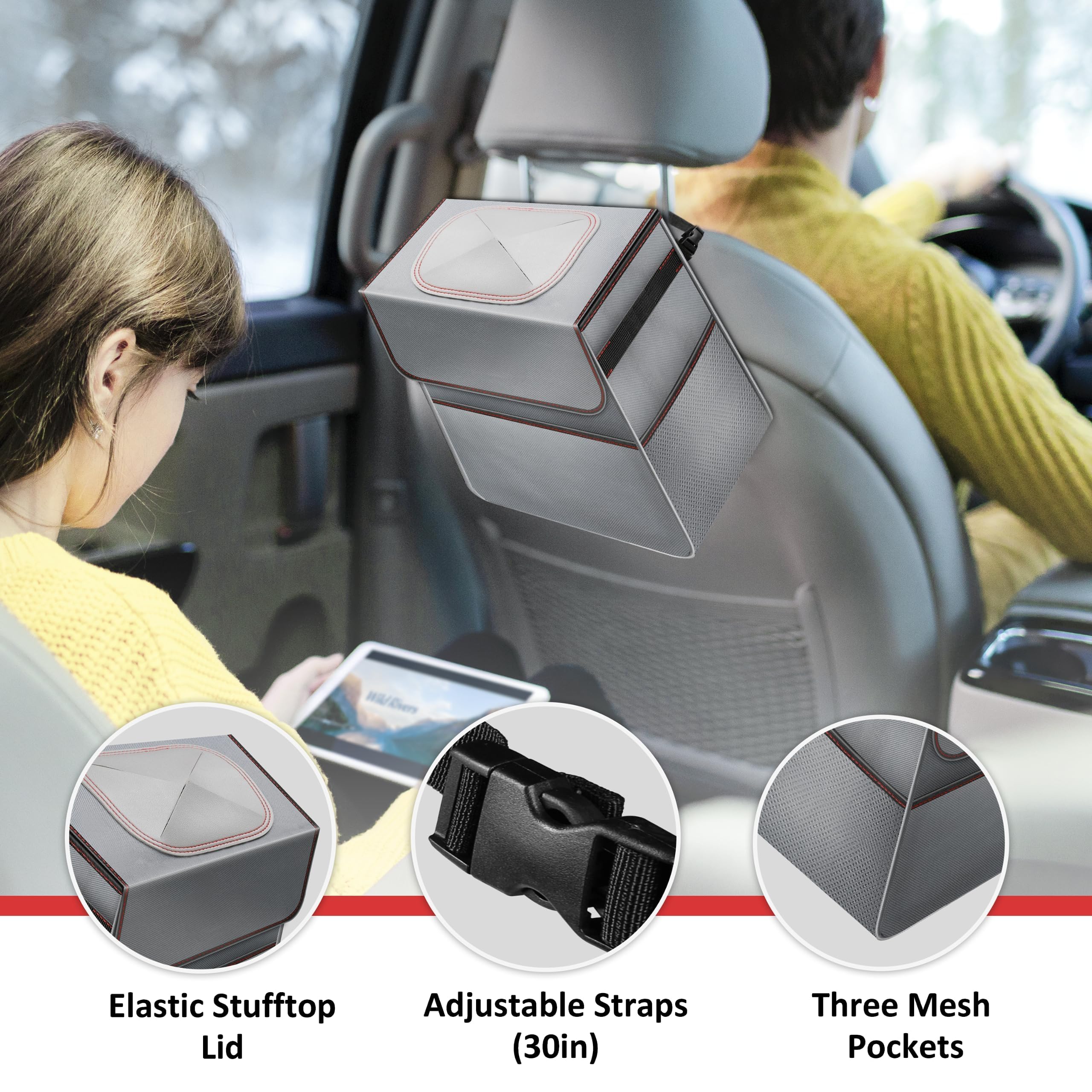 Simple Deluxe Car Trash Can, 2 Gallon Collapsible Adjustable Straps and Portable Organizer, Multipurpose Bin with Lid and Storag