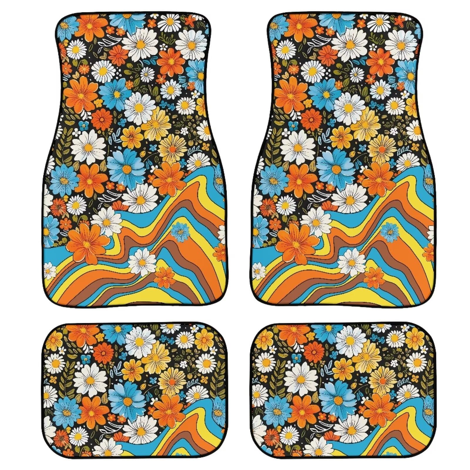 FUIBENG 70S 80S Hippie Flower Daisy Car Floor Mat 4Pcs Hippie Car Accessory for Women,Vintage Groovy Floral Floor Pad for Car Va