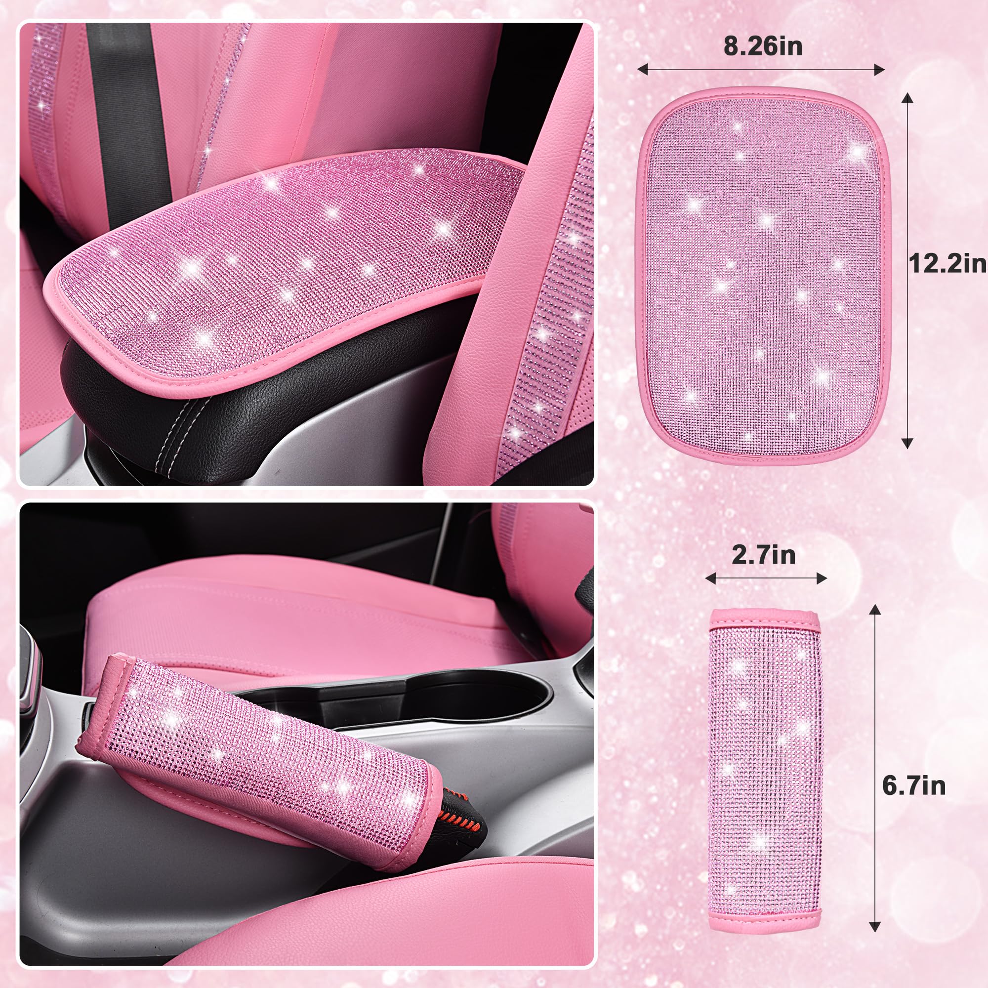 Car Pass Pink Bling Car Accessories Set For Women, Sparkly Rhinestone Diamond Steering Wheel Cover Set Seat Belt Cushion Glitter