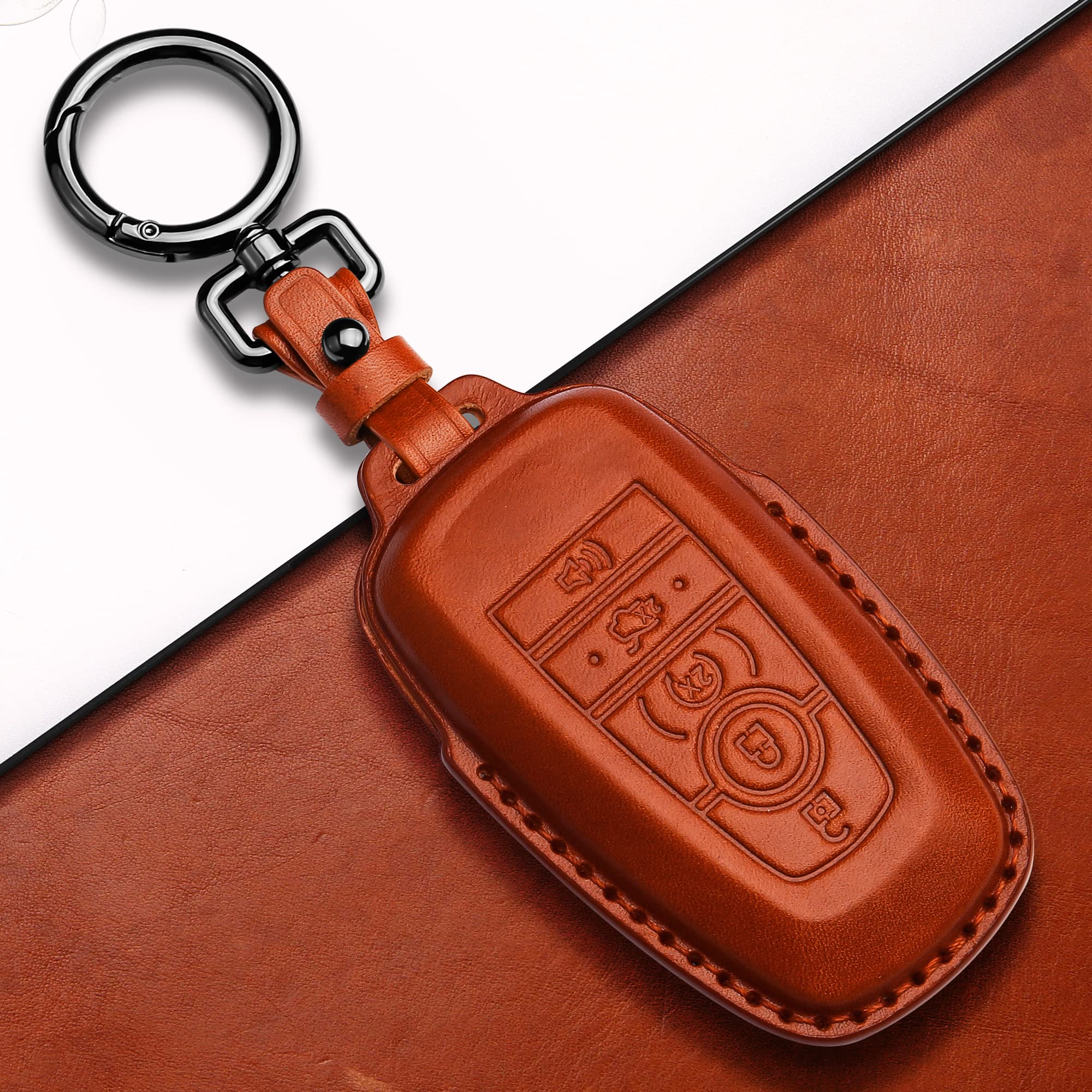 Tukellen For Ford Leather Key Fob Cover With Keychain Compatible With Ford Explorer Mustang Fusion Escape F150 F250 F350 F450 F5