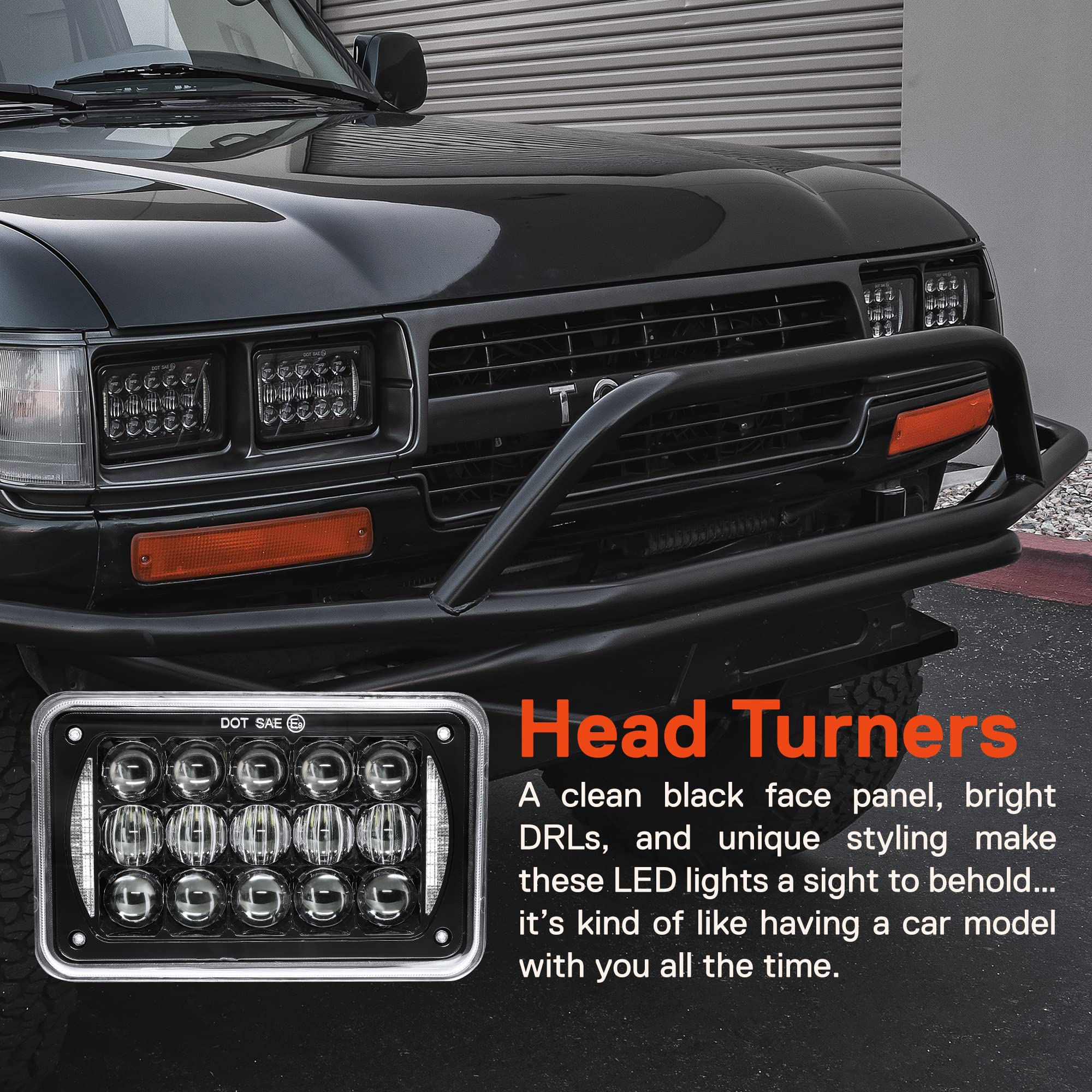 True Mods 2Pc Black 4X6 6X4 Inch Led Headlights Pair [Drl] H4 Socket High Low Sealed Beam 2A1 1A1 H4652 H4666 H6545 H4651 H4656