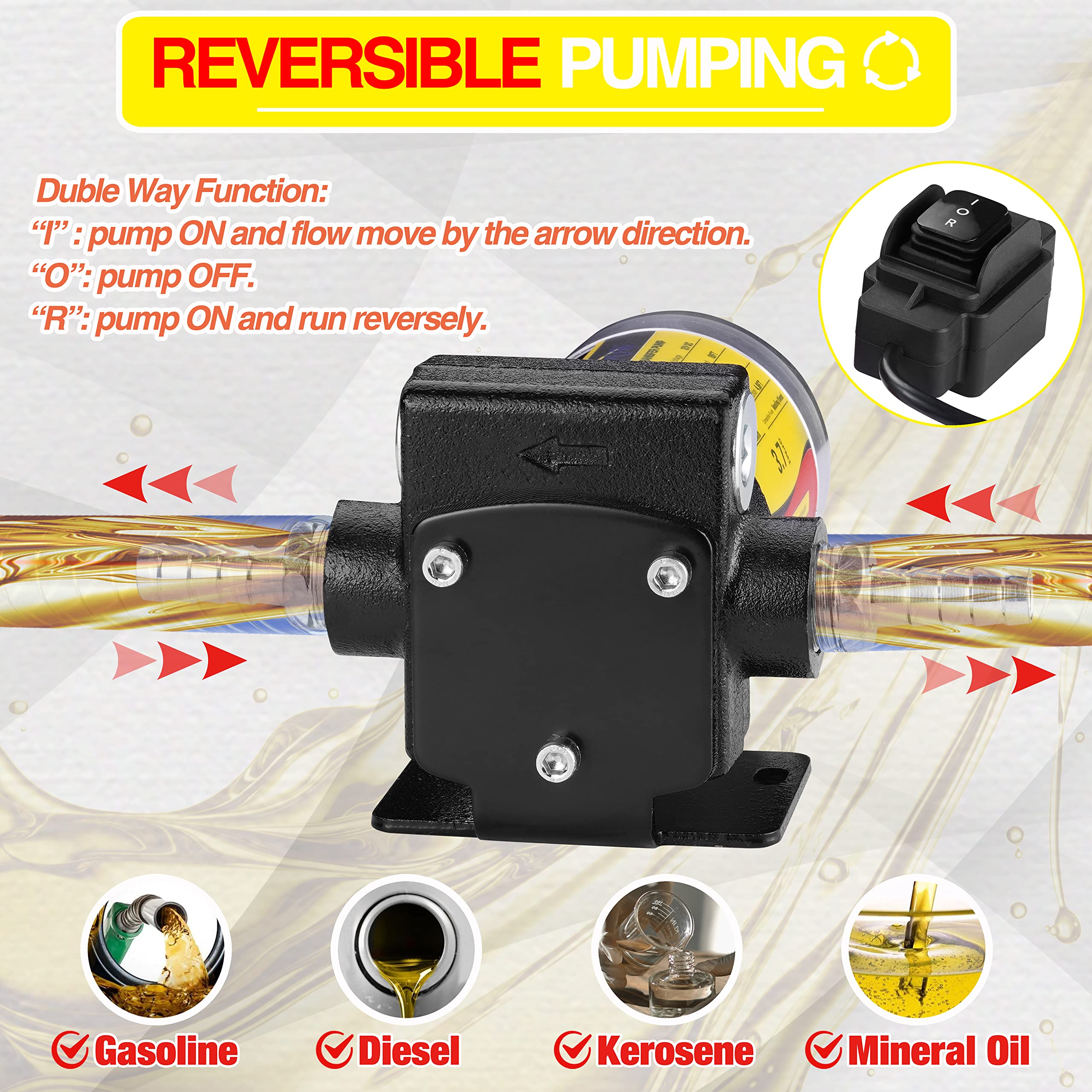 TRUPOW 12V DC Gasoline Fuel Transfer Pump - Reversible, Cast Iron, Model TP0315, for Diesel & Kerosene