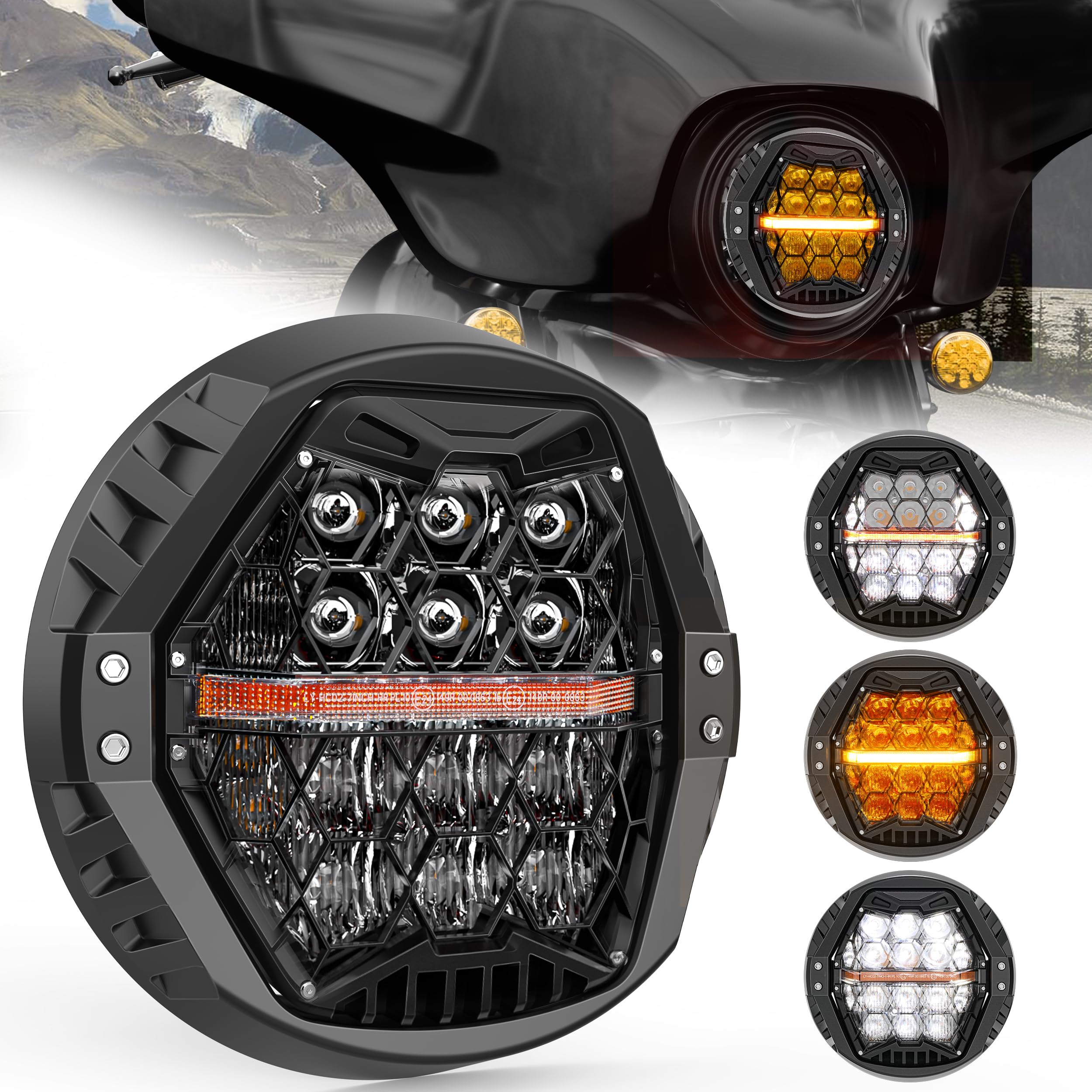 DOT Approved 1000% Bright 120W 7'' Motorcycles LED Headlight with Amber Turn Signal Compatible with Road King Road Glide Street 