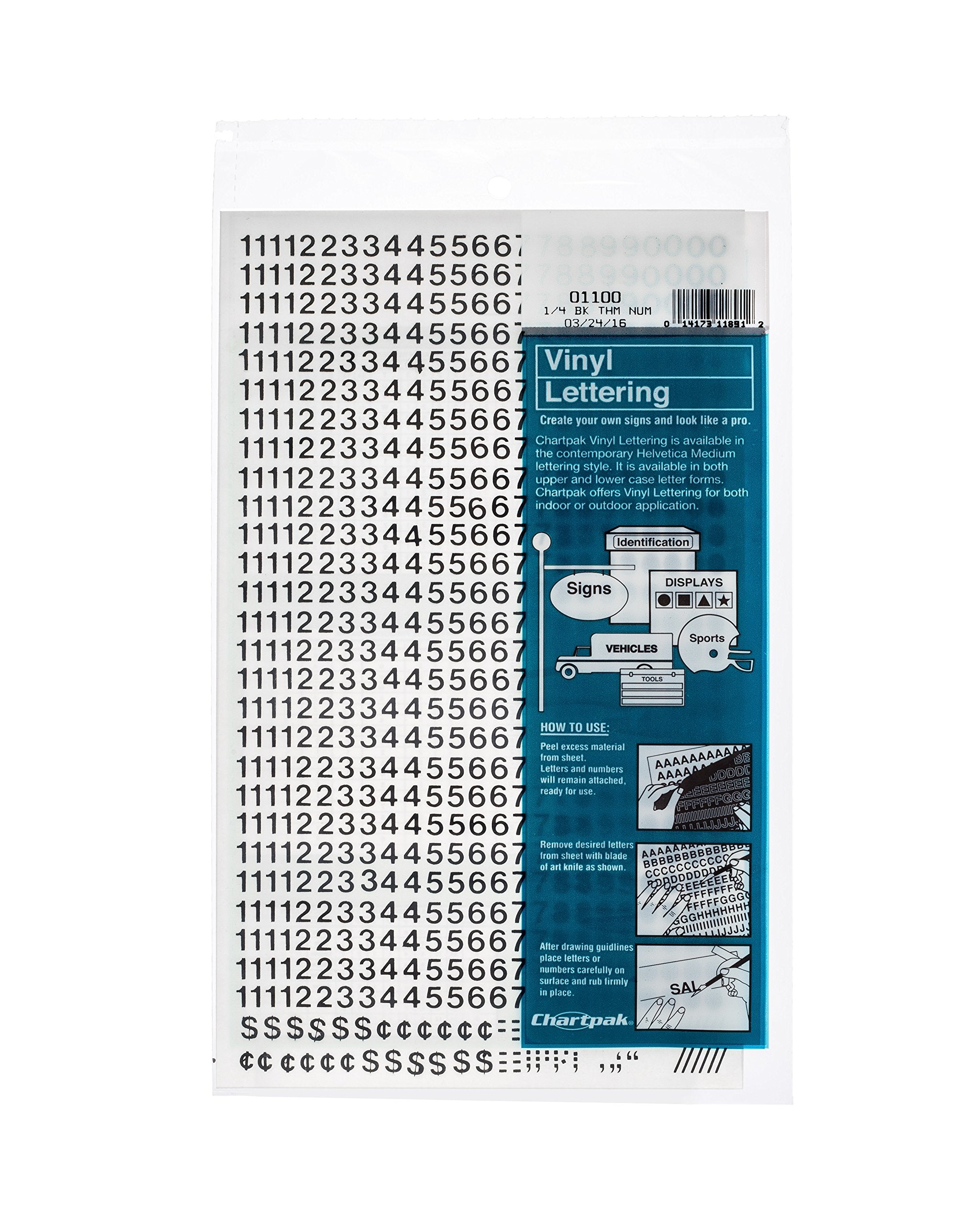 Chartpak Self-Adhesive Vinyl Numbers, 1/4 Inch High, Black, 718 Per Pack (01100)