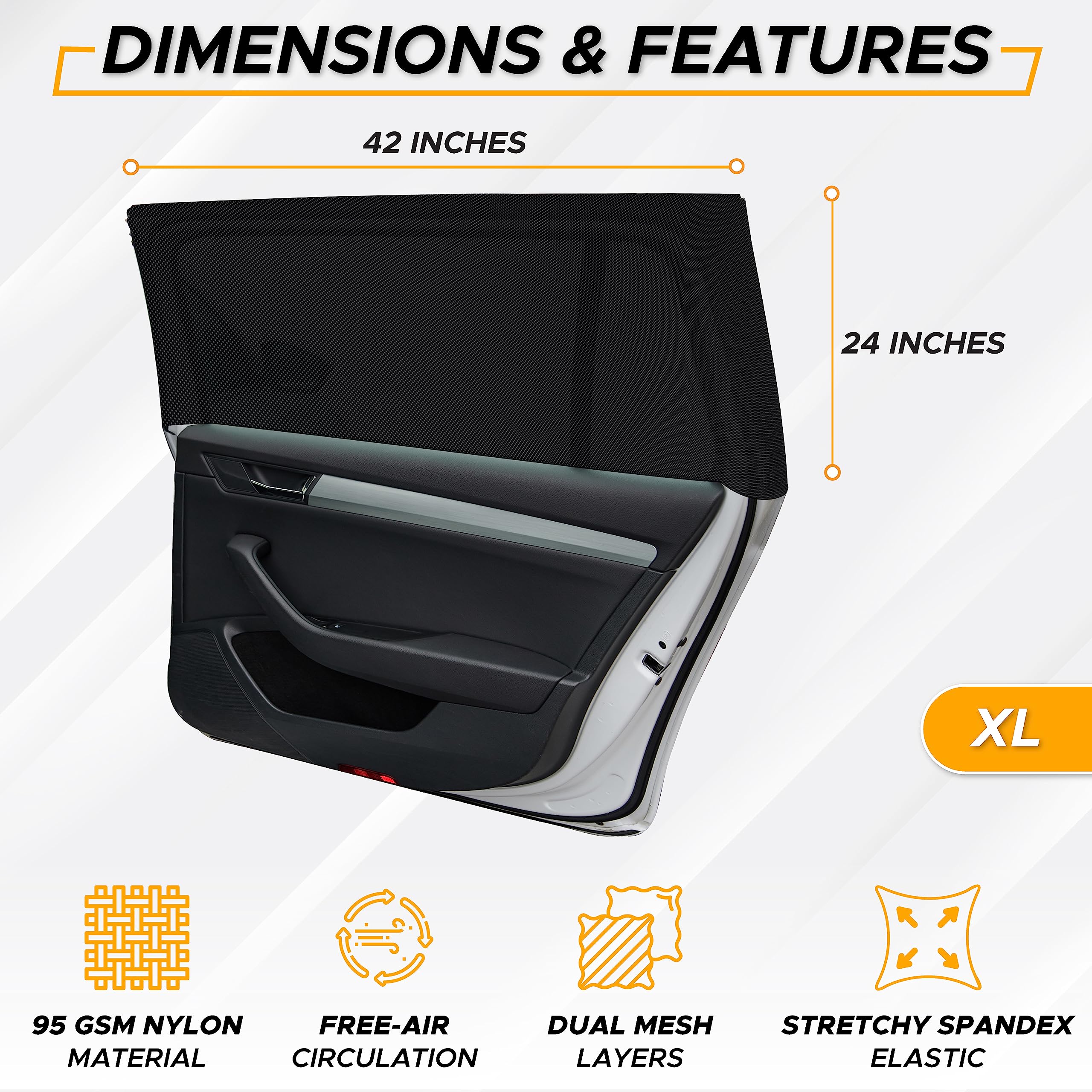 Econour Car Side Window Sun Shade (Pack Of 2) | Stretchable & Breathable Car Window Screens For Complete Sun & Privacy Protection | Fits Most Truck, Suv And Minivan (Xl 42 X 24)