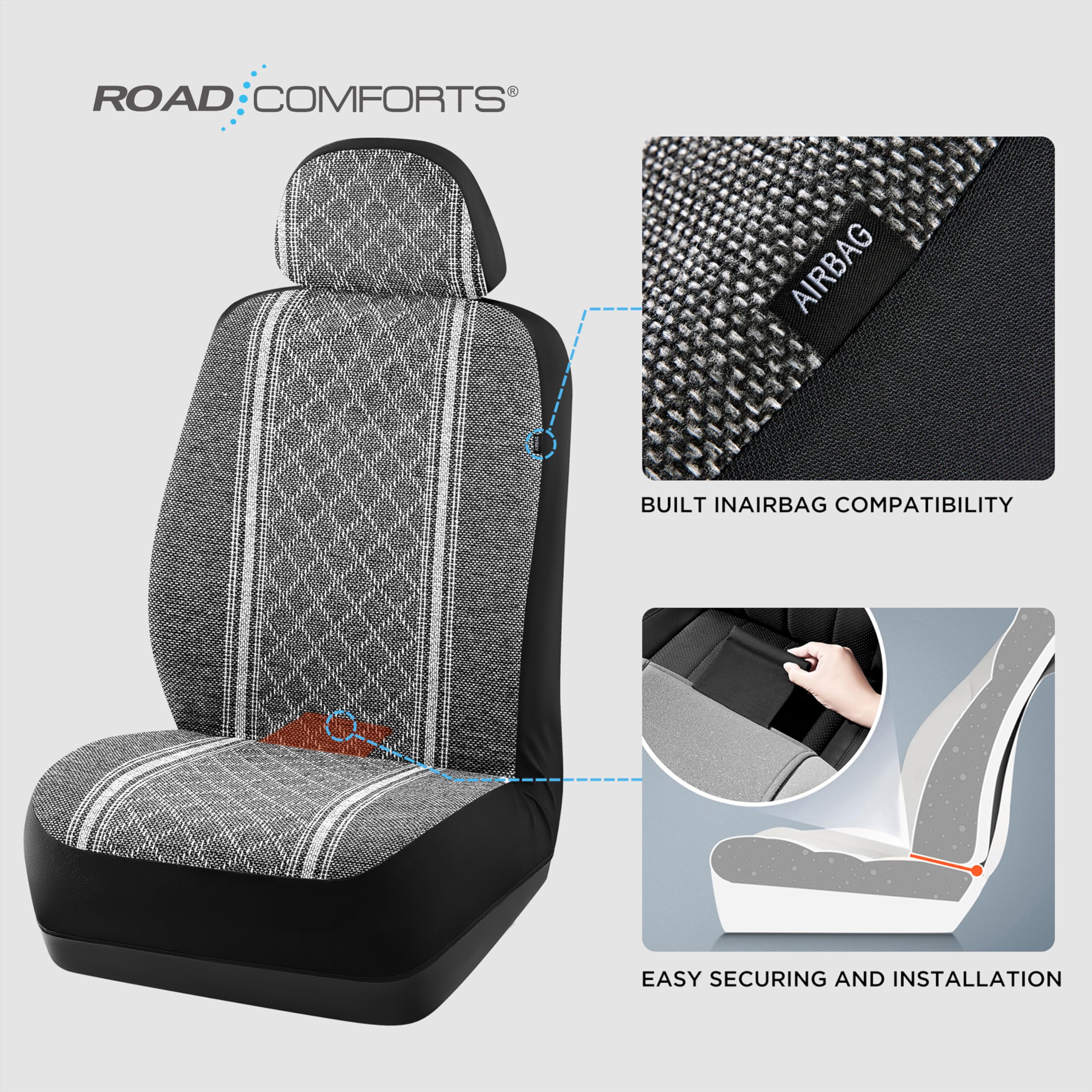 Road Comforts Baja Blanket Seat Covers Gray Diamond Bucket Seat Covers Low Back - Jacquard Fabric, Airbag Compatible, Universal