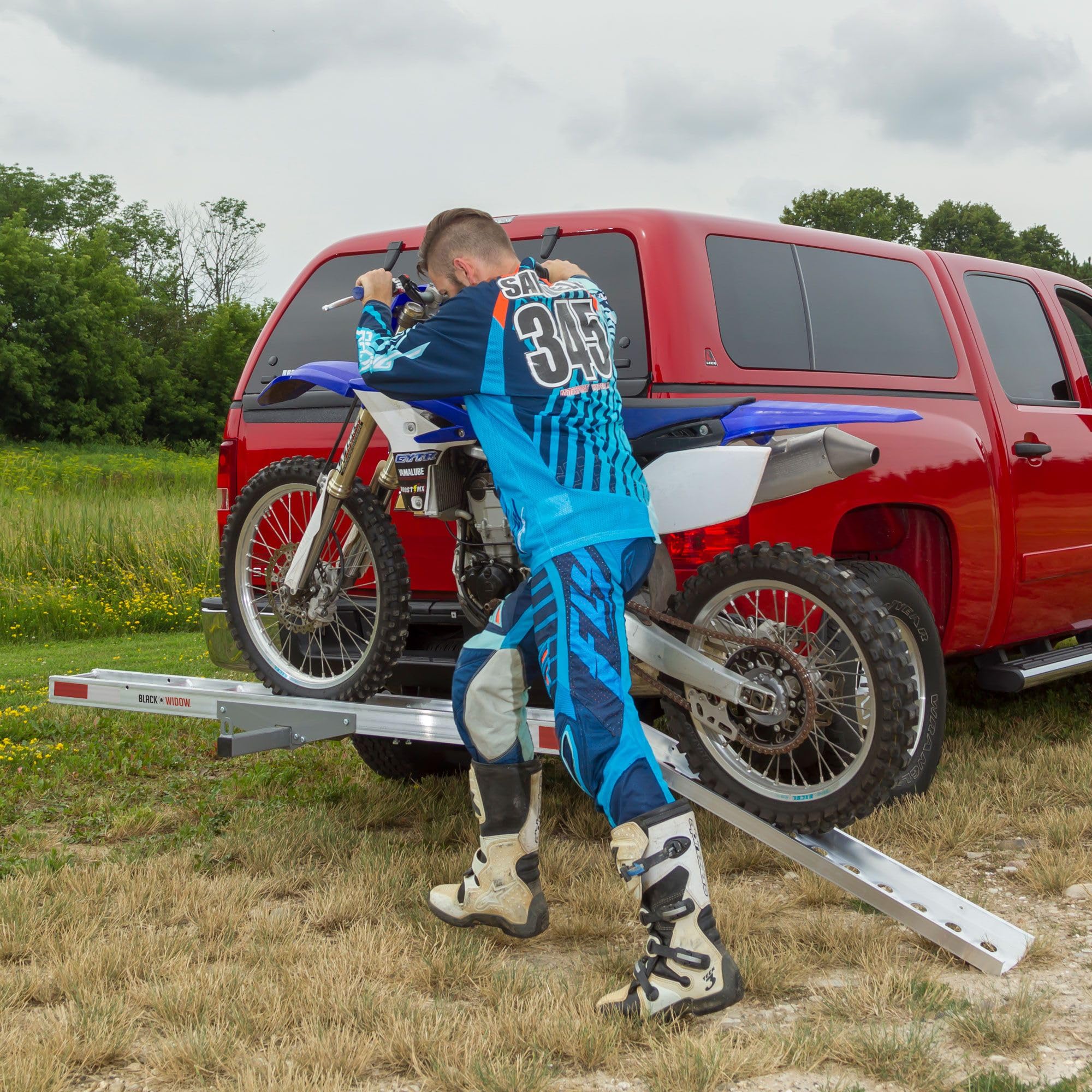 Black Widow Amc-400 Aluminum Motorcycle Hitch Carrier, 400 Lbs. Capacity, Adult Or Youth Dirt Bike Hauler, Anti-Rattle Device In