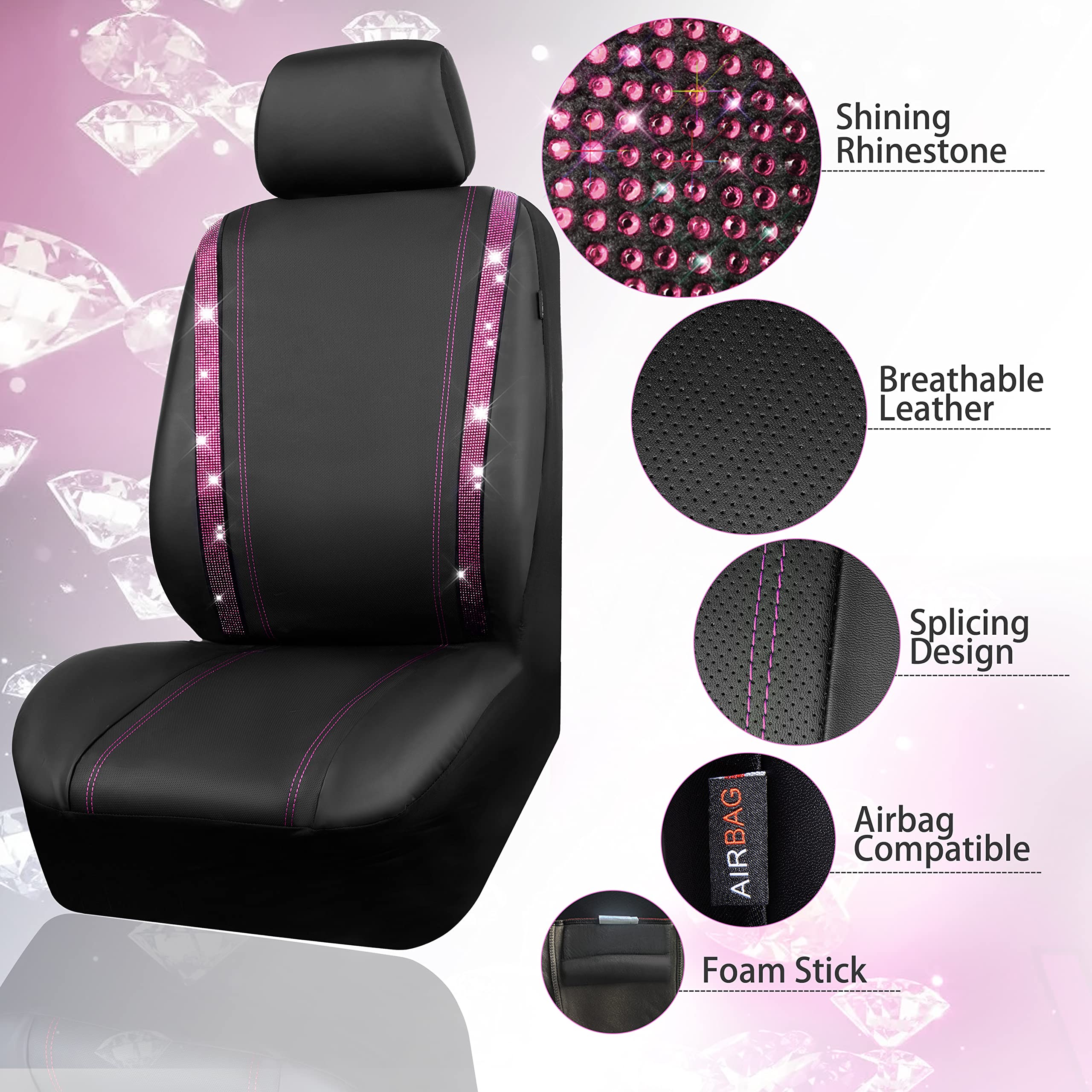 Car Pass Leather Diamond Bling Car Seat Covers 2 Front Interior Sets, Waterproof Universal Shining Glitter Crystal Sparkle Fit F