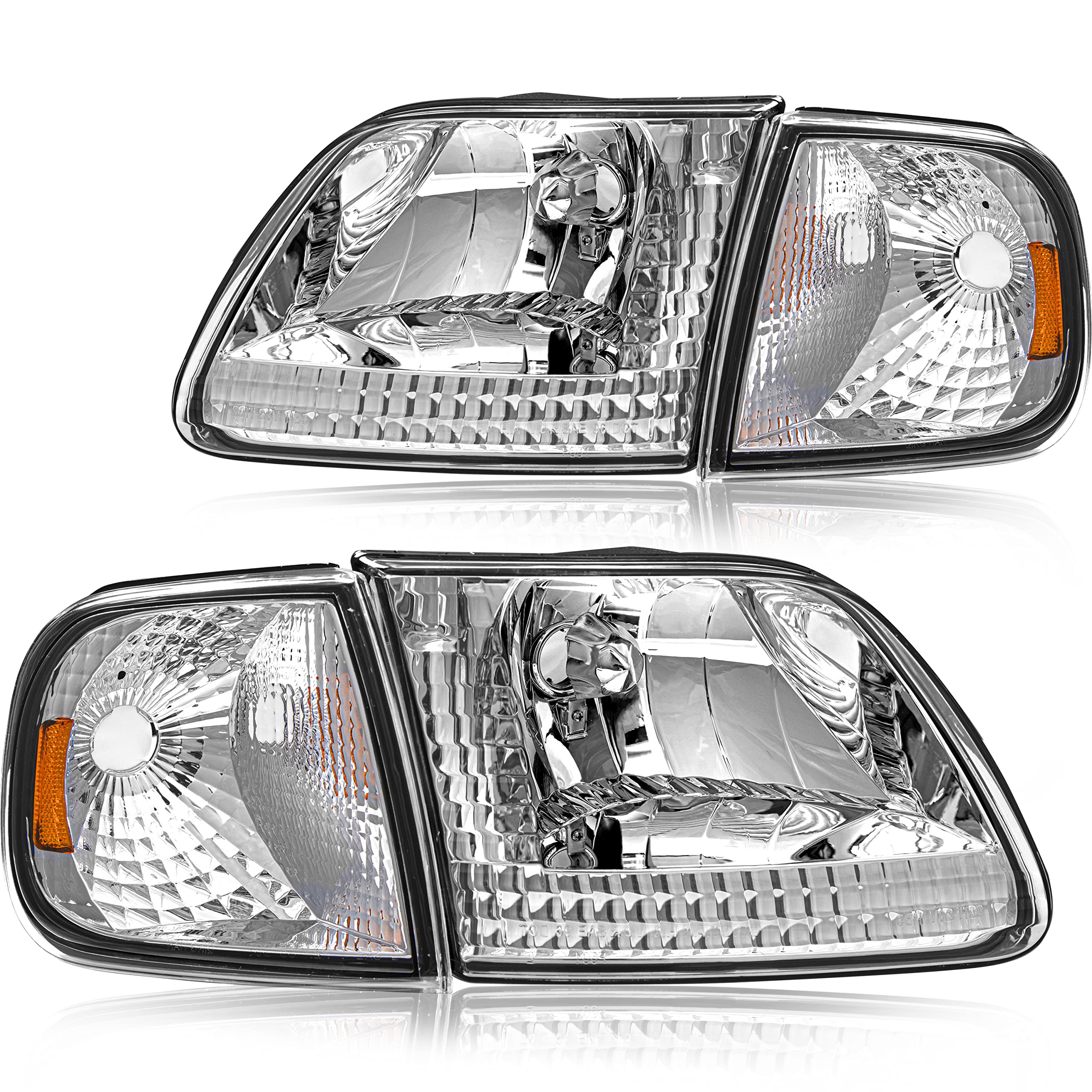 Sockir Headlight Assembly Compatible With Ford 1997-2003 F150 / 2004 F150 Heritage / 1997-2002 Expedition / 1997-1999 F250 Light Duty With Corner Lights 4Pcs (Chrome Housing With Amber Reflector)