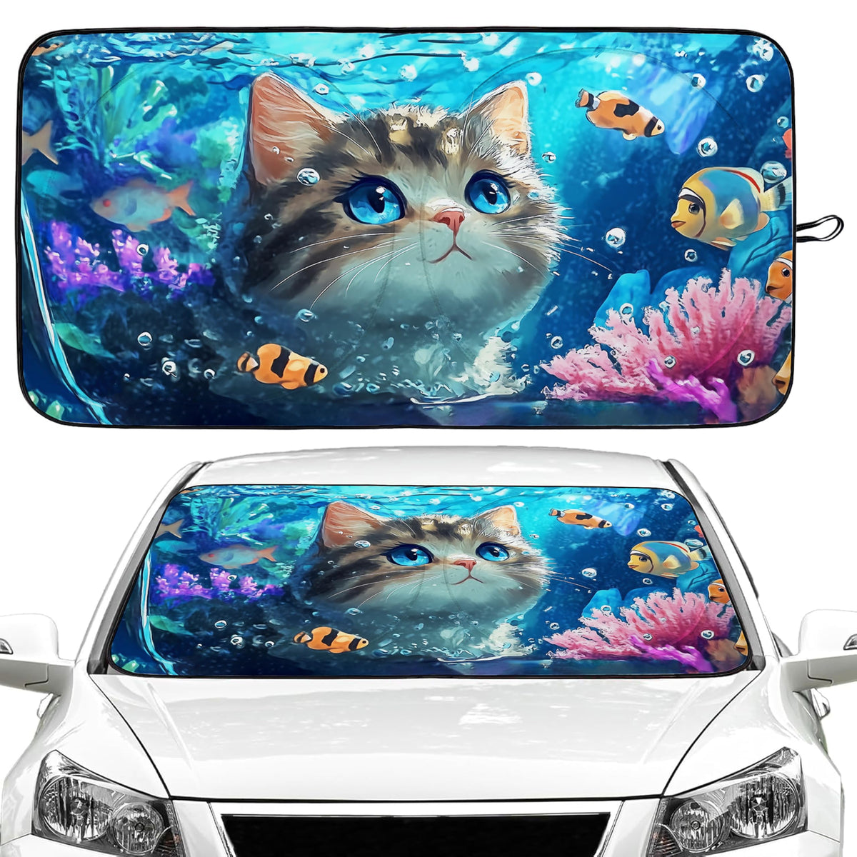 Cat and Fish Car Windshield Sun Shade Foldable Sunshade Front Window Cover Sun Visor Protector Accessories for Truck SUV (59x27.