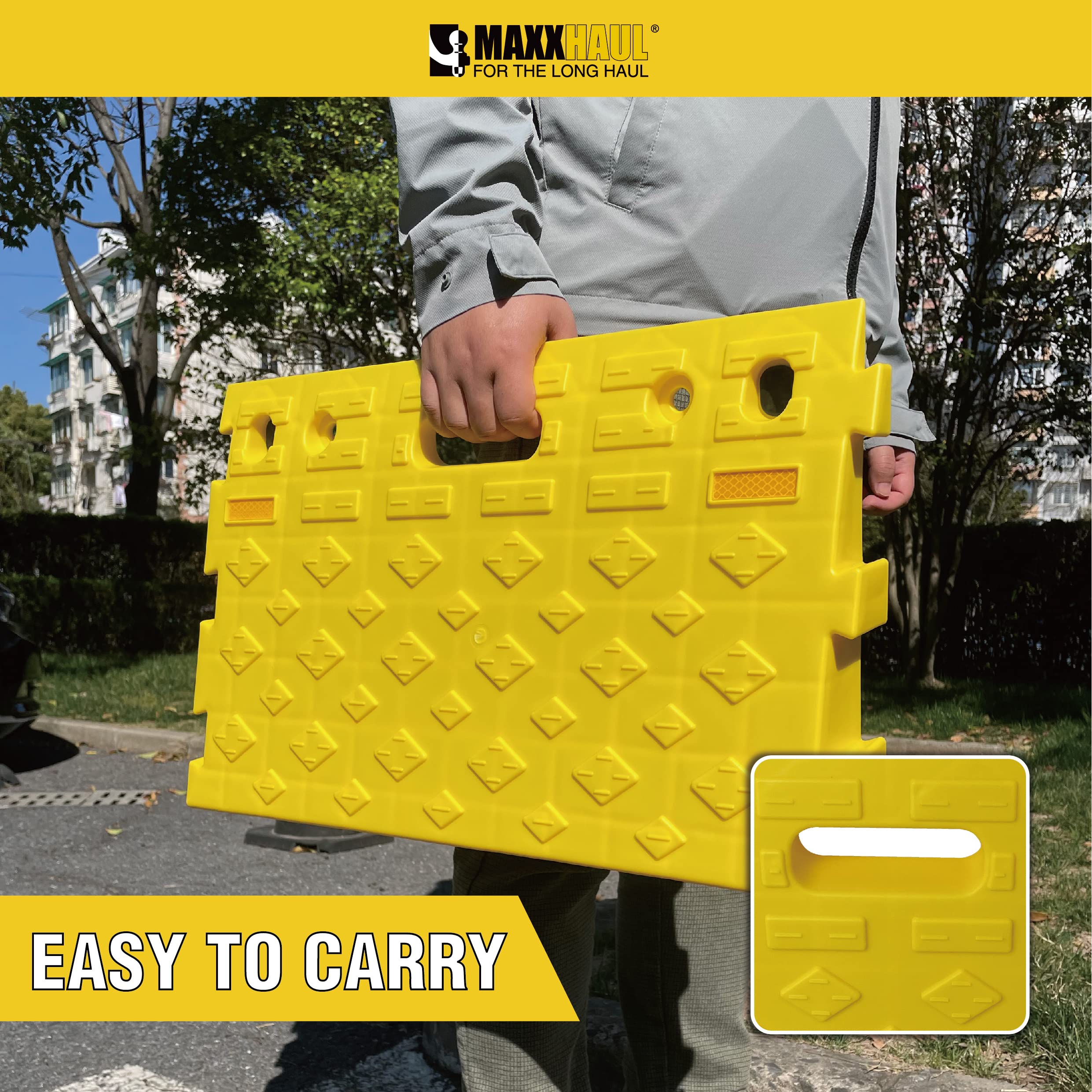Maxxhaul 50707 Portable Interlocking Plastic Curb Threshold Ramps Set (Yellow) For Loading Dock, Driveway, Sidewalk For Scooter,