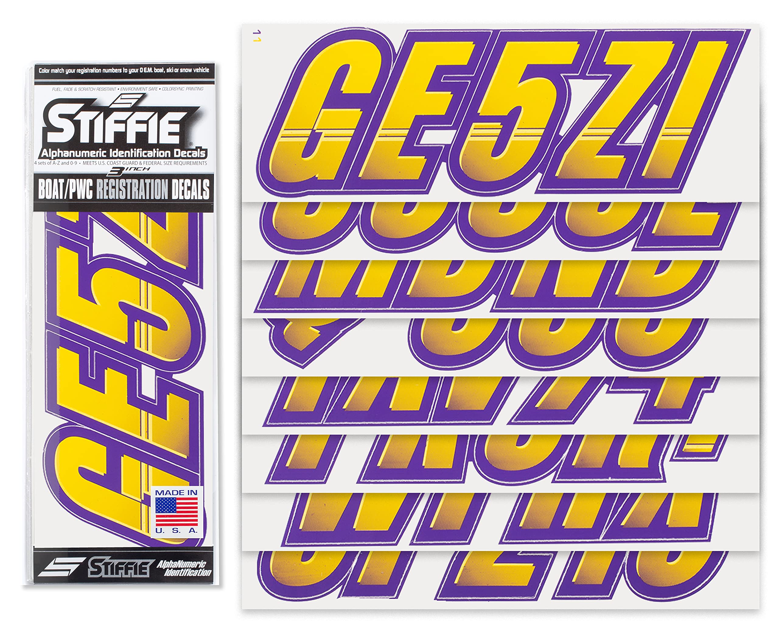 Stiffie Techtron Yellow/Purple 3'' Boat & Pwc Registration Decals  Numbers Letters Stickers