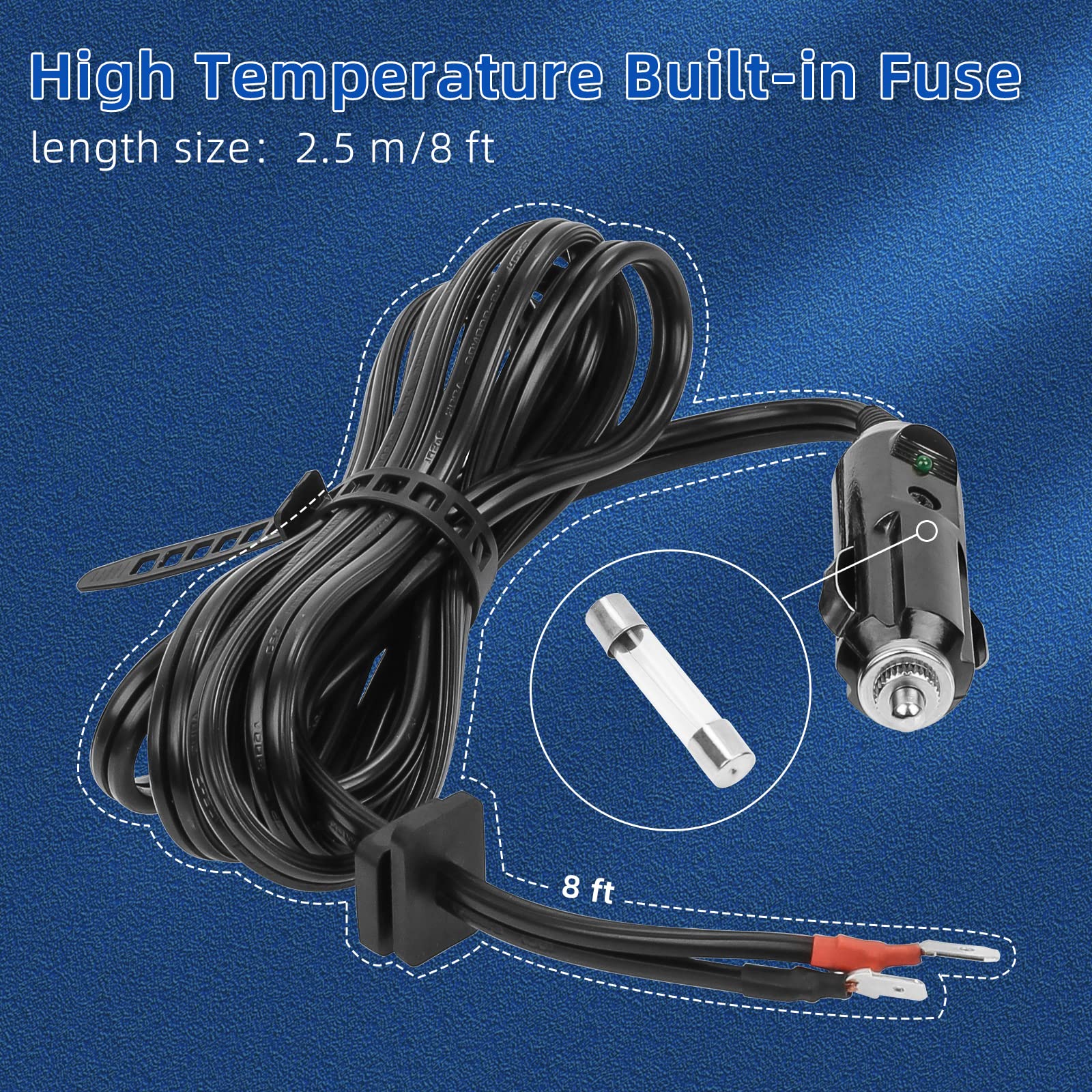 Pokin 8FT Thermoelectric Cooler Power Cord with Fuse for Coleman 12V/24V, Black, OE#5644-710, 5644-707, 300000540
