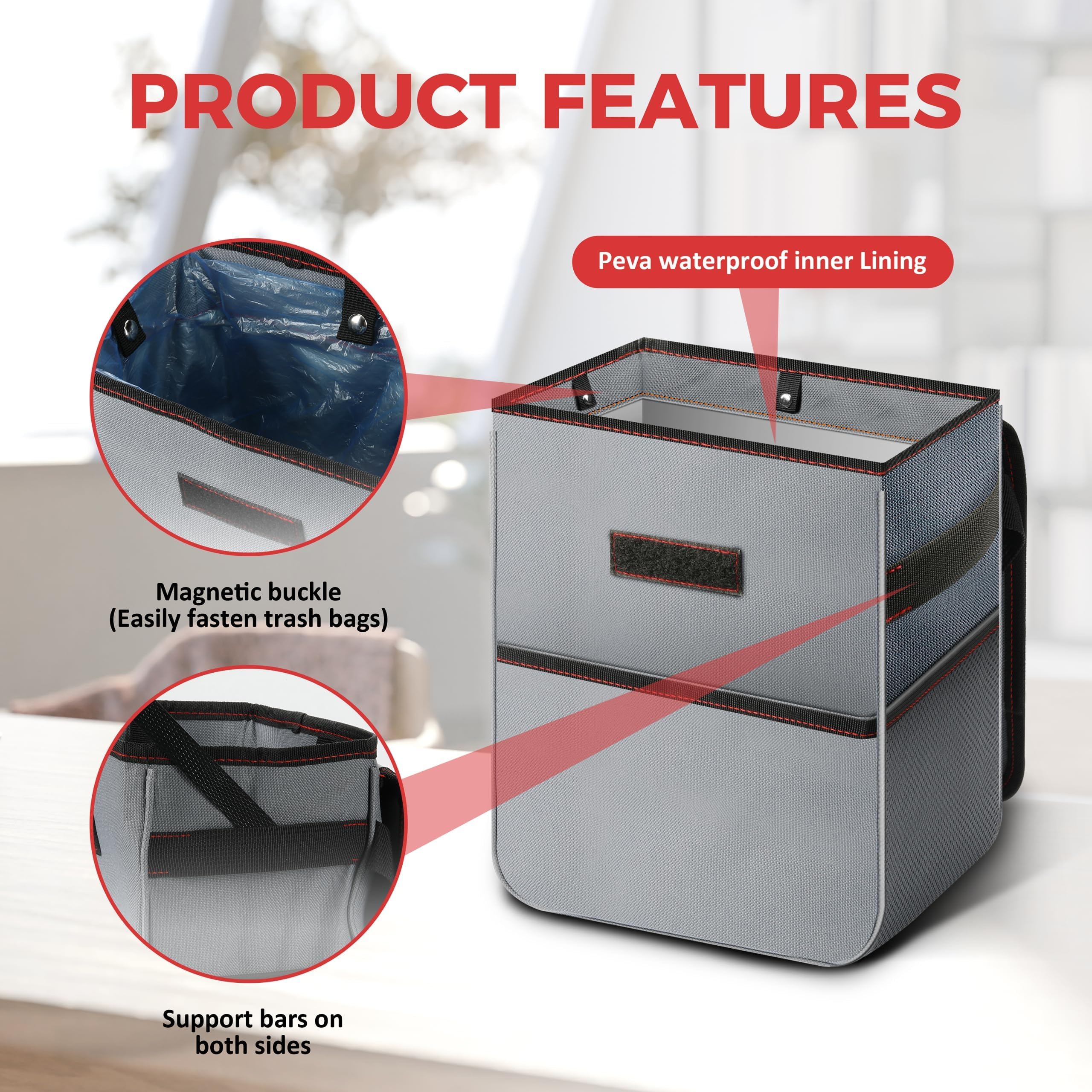 Simple Deluxe Car Trash Can, 2 Gallon Collapsible Adjustable Straps and Portable Organizer, Multipurpose Bin with Lid and Storag