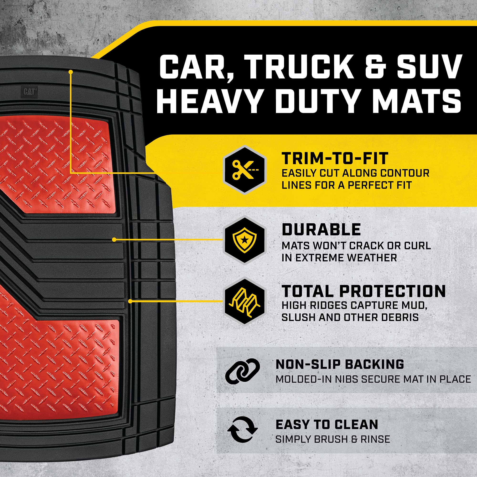 CAT DiamondShield Rubber Floor Mats for Cars, Trucks, SUVs - All Weather Protection Front & Rear Set With Heel Pad & Anti-Slip B