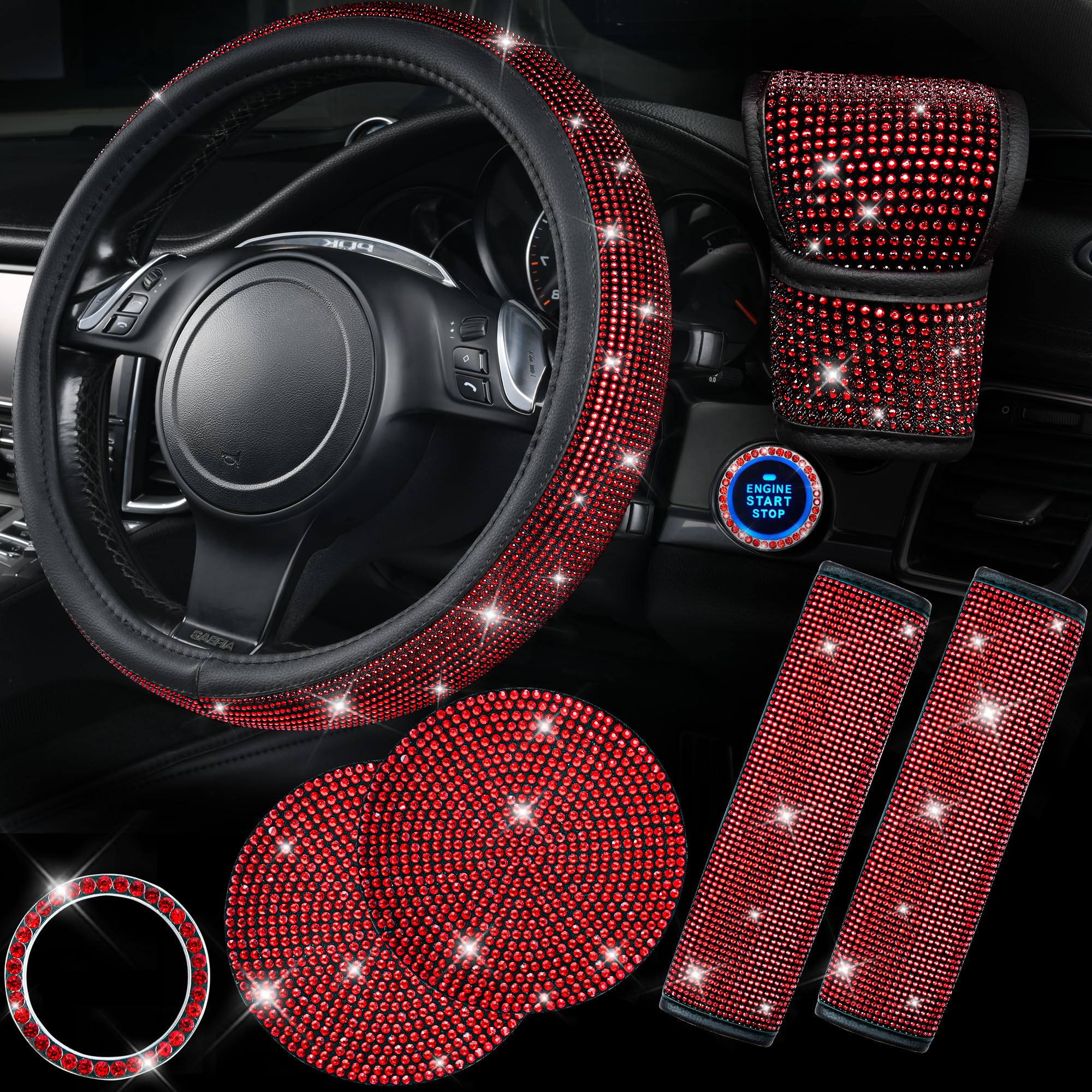 Car Pass 7 Pcs Bling Red Steering Wheel Cover Set For Women, Sparkly Rhinestone Diamond Bling Seat Belt Cushion, Glitter Shift K