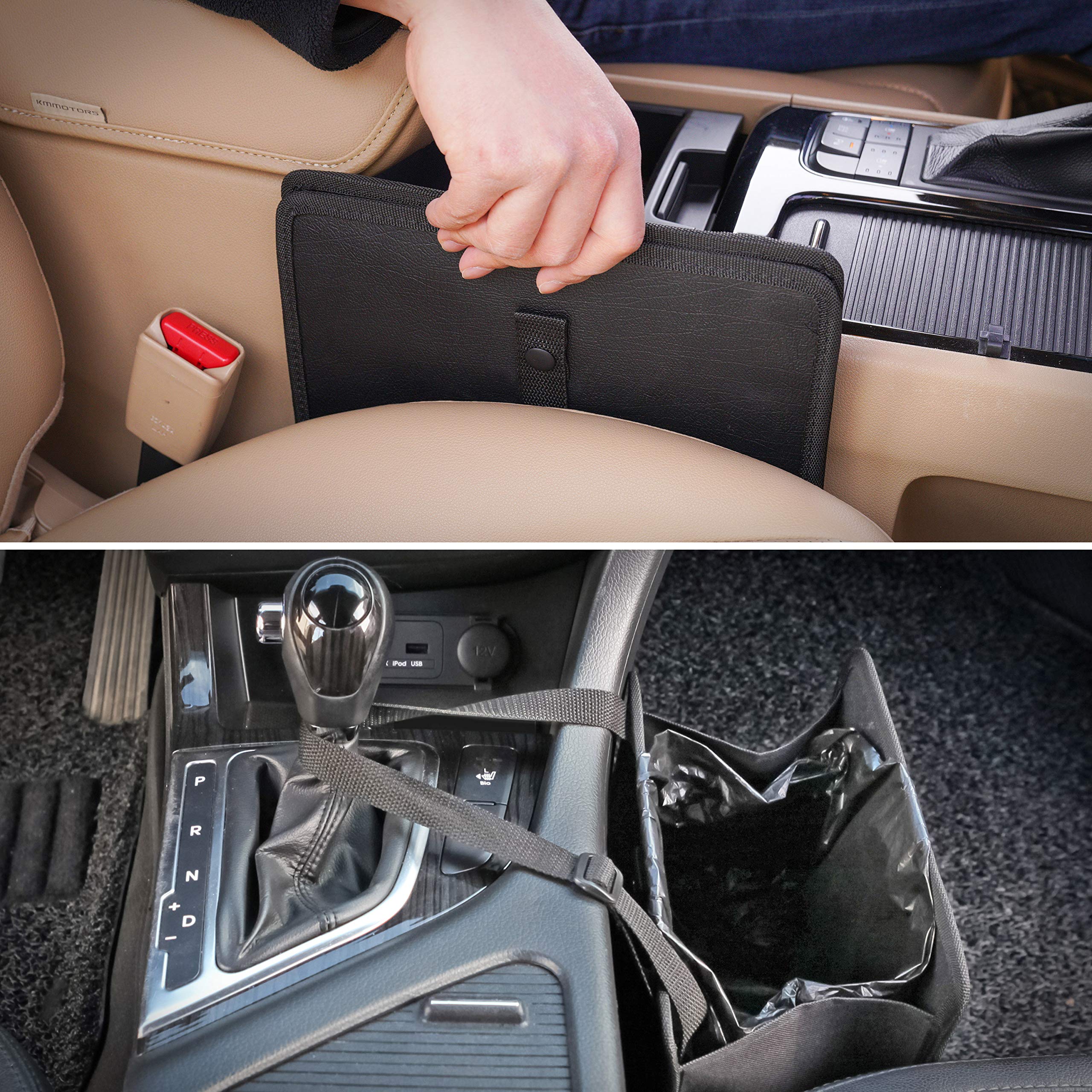 KMMOTORS Car Trash Can, Car Trash Bag Hanging, Car Trash bin, Cute car Gadgets, Car Garbage Can for Back seat, car Garbage can Front seat, Vegan Leather, Collapsible Trash can(Medium, Black)