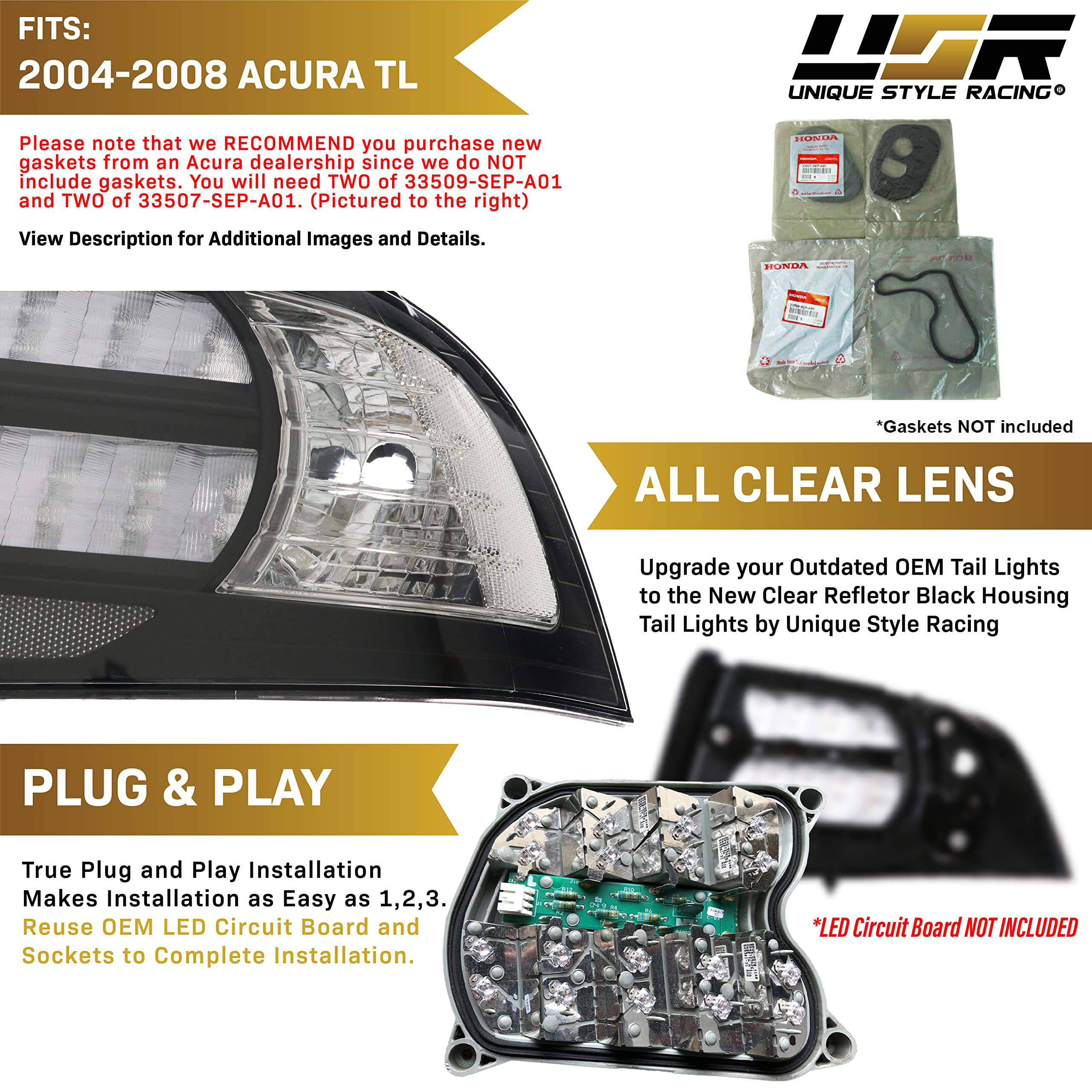 USR UNIQUE STYLE RACING JDM Style Tail Lights for 2004-2008 Acura TL - Black Housing Rear Lamps (Left + Right) Model 327-1901PTB-2C