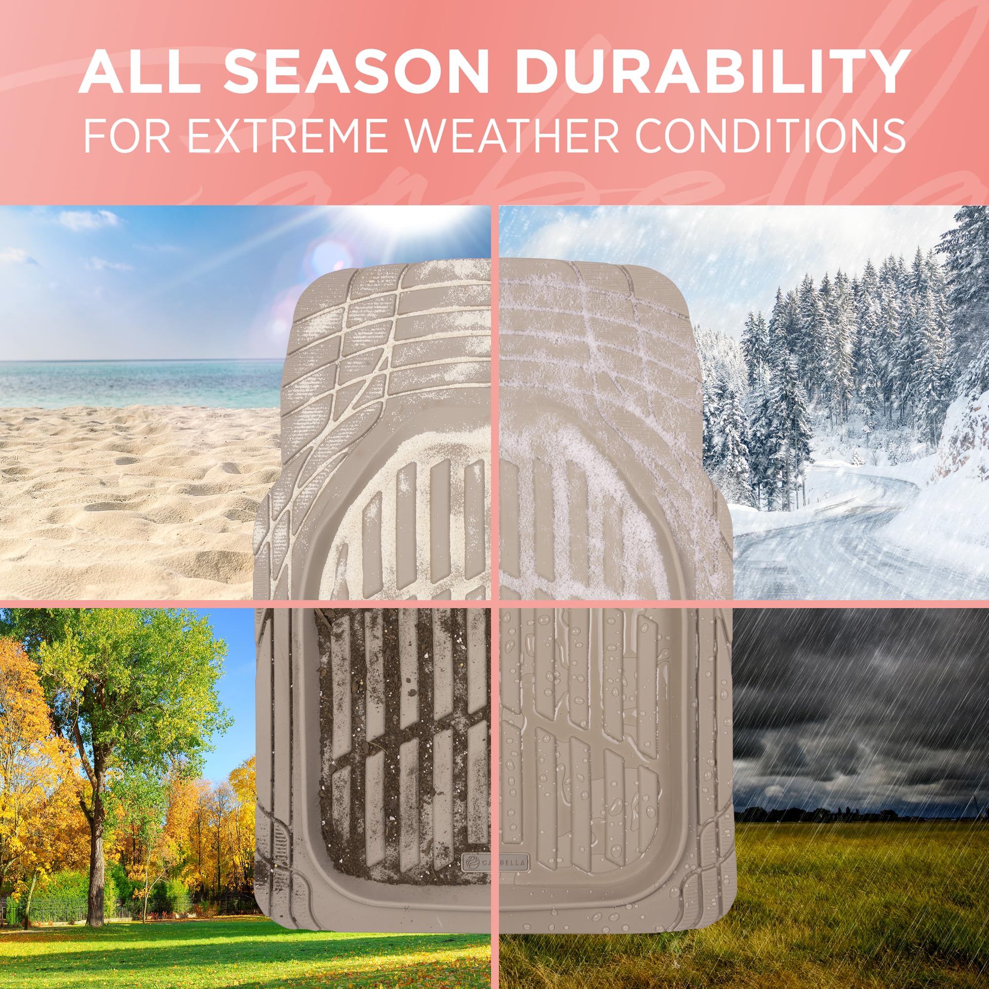 Carbella Heavy Duty Rubber 4-Piece Beige Car Floor Mats - Universal Trimmable All-Weather Car Accessories - Girl Car Accessories