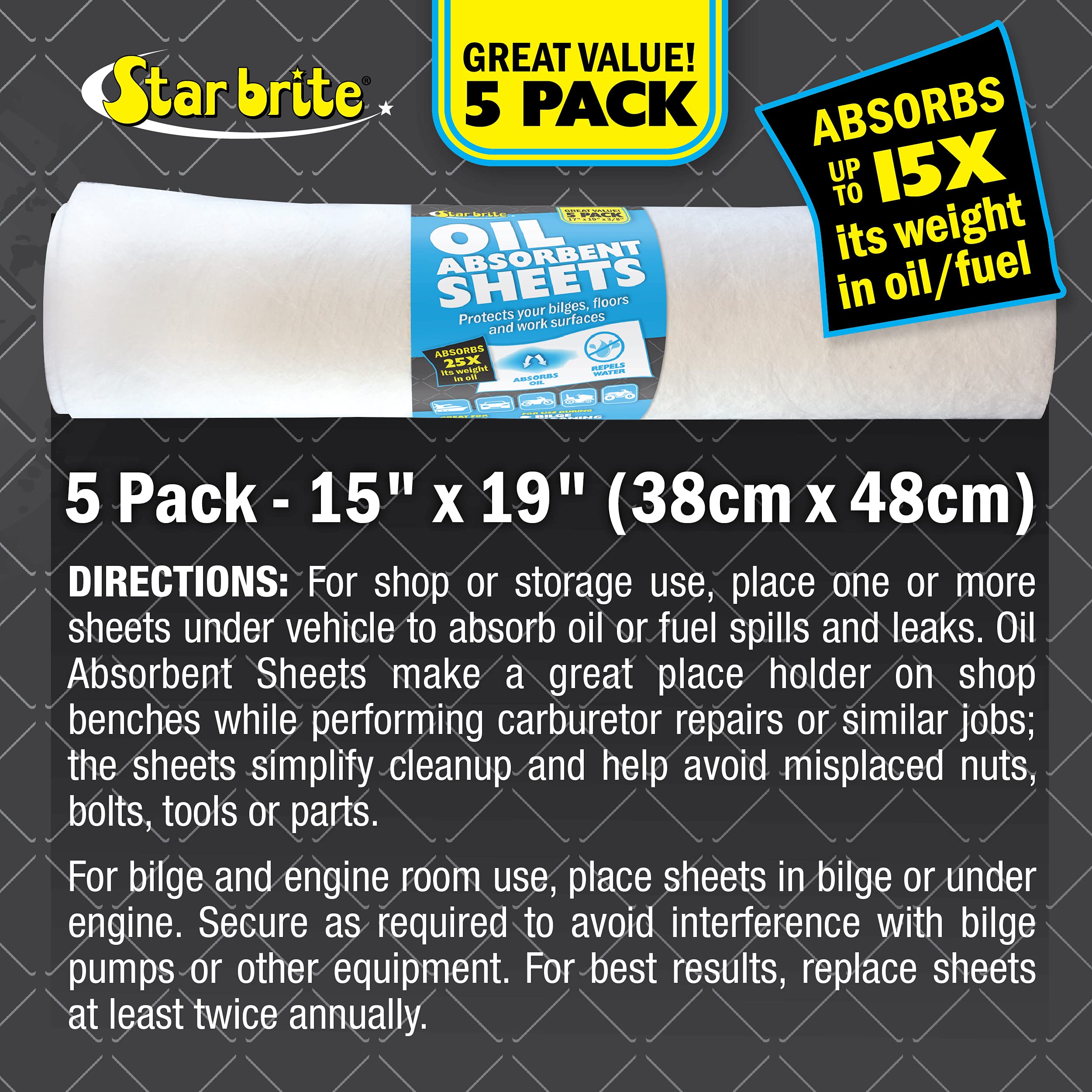 STAR BRITE Bilge Oil Pads Absorbs Oil, Repels Water - 15 x 19 Heavy Weight - 5 Pack (091845)