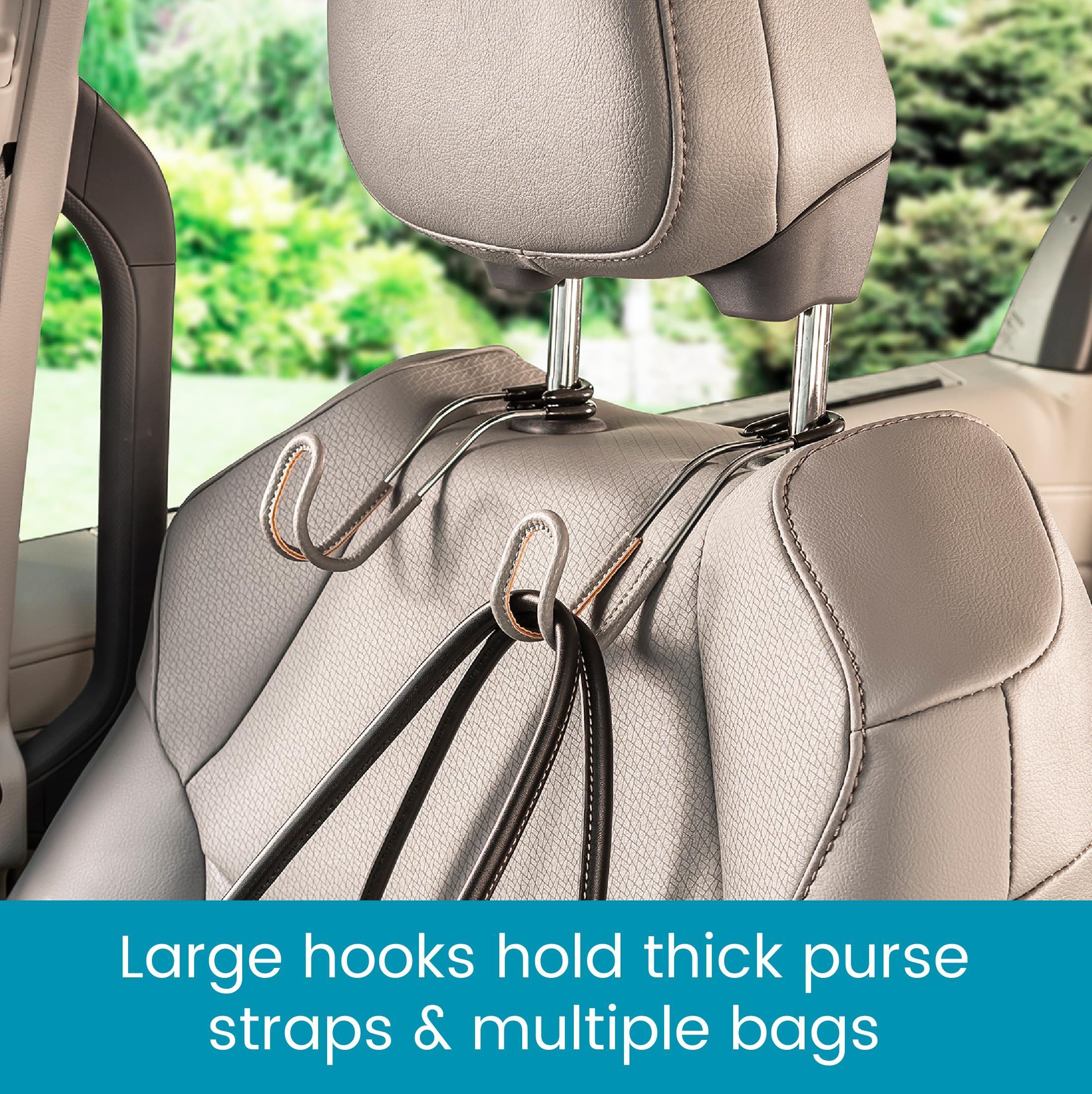 High Road Car Hooks For Purses And Bags With Leather Trim - Unbreakable Headrest Car Hooks For Large Purse Straps And Heavy Bags