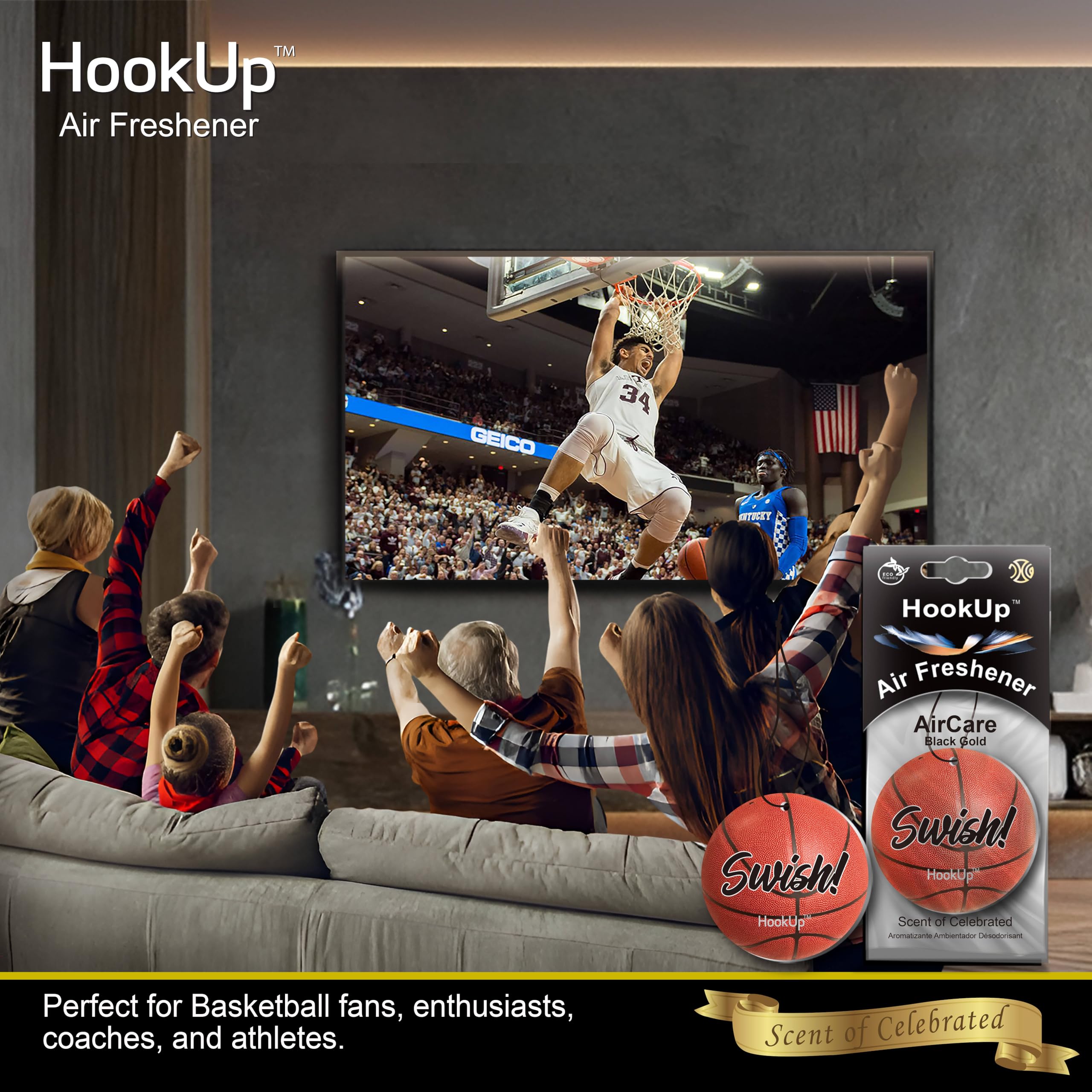 HookUp Basketball Car Air Freshener - 10 Pack, Black Gold Scent - Unique Gift for Players & Fans