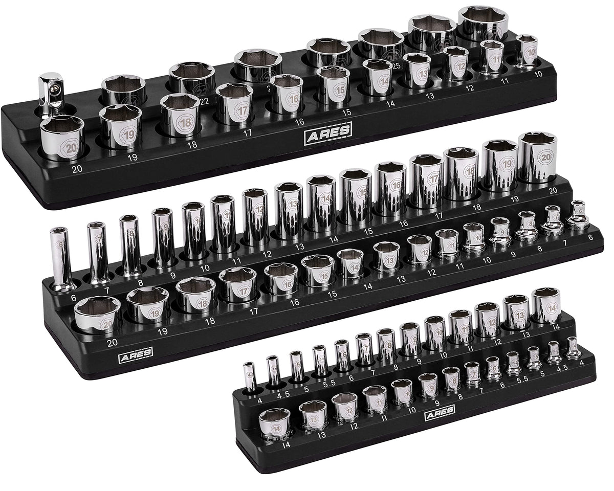 Ares 60034-3-Piece Black Metric Magnetic Socket Organizer Set - Includes 1/4-Inch, 3/8-Inch, And 1/2-Inch Socket Holders - Holds