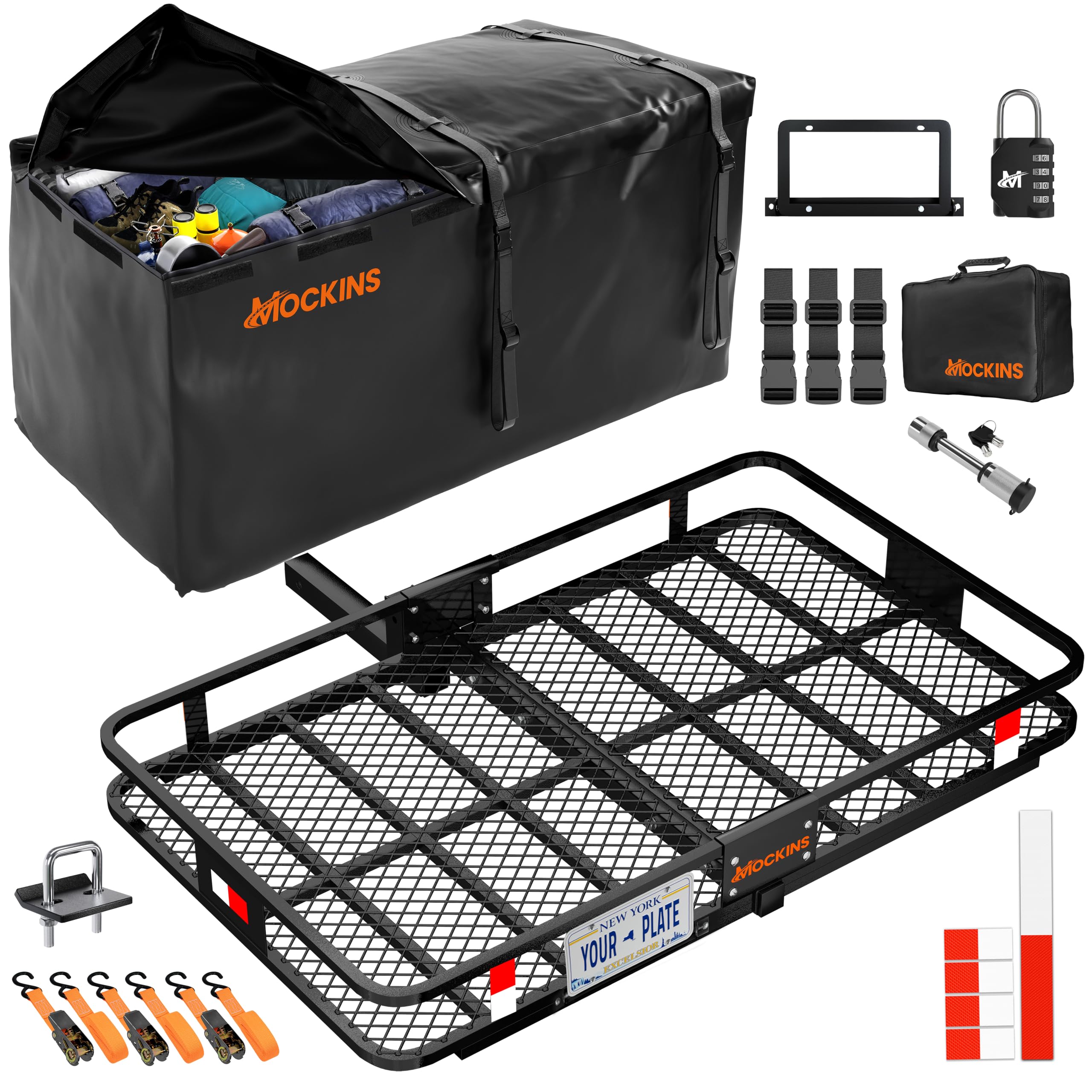 Mockins 60x36x6 XL Trailer Hitch Cargo Carrier & 35 Cu Ft Hitch Cargo Carrier Bag | 500 Lbs. Capacity Folding Luggage Rack for S