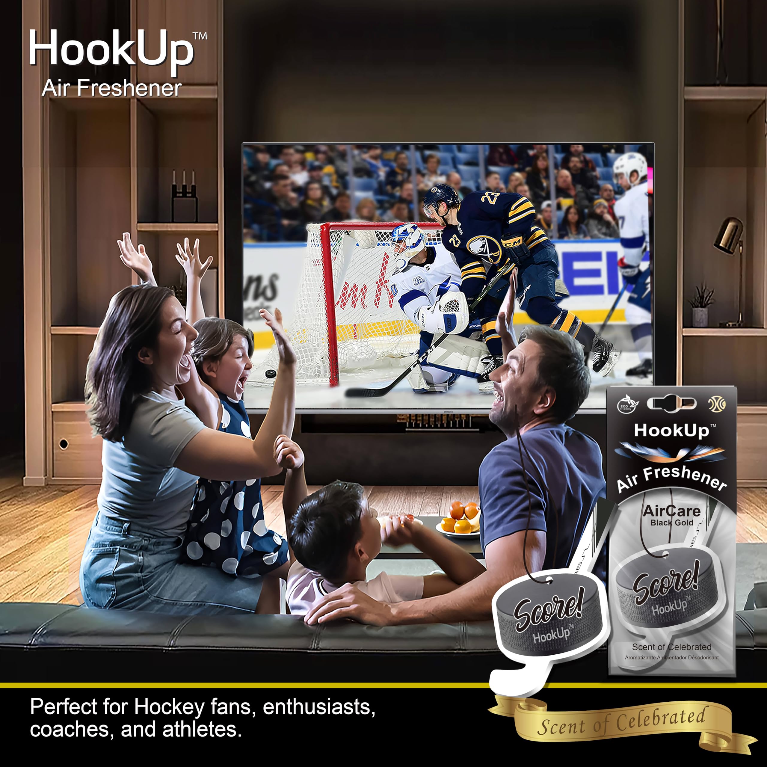 Hockey Car Air Freshener by HookUp - 2 Pack - Black Gold Scent (Extra Strong) | Unique Hockey Gift for Players, Coach, Fans | Ha