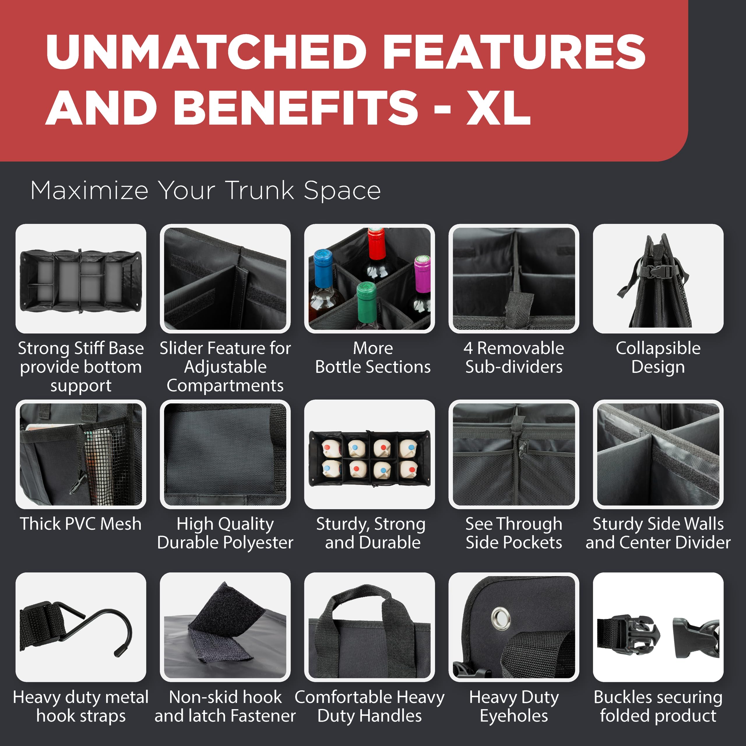 Trunkcratepro - Xl Trunk Organizer For Suv, Car, Truck With 6 Compartments Adjustable Collapsible Portable Non-Skid Premium Carg