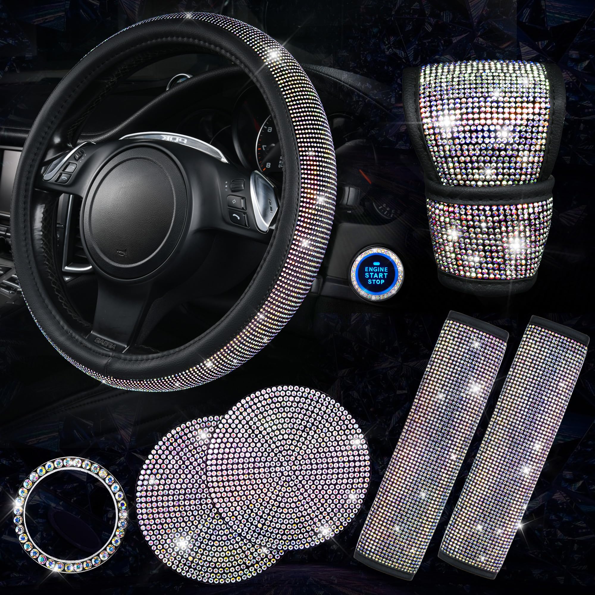 Car Pass 7 Pcs Bling Car Accessories For Women, Sparkly Rhinestone Diamond Steering Wheel Cover, Bling Seat Belt Cushion, Glitte