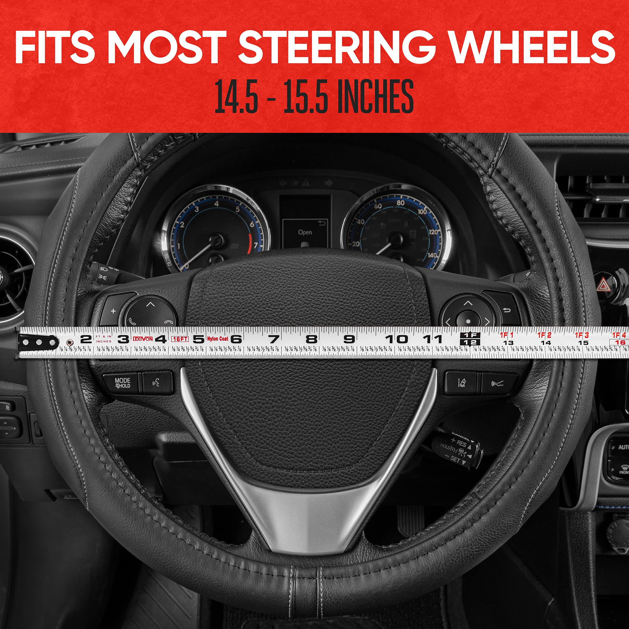 Motor Trend SW-761-GR-M__AM GripDrive Synthetic Leather Auto Car Steering Wheel Cover Black w/ Gray Accent Stitching Comfort Grip - Standard 15 inch