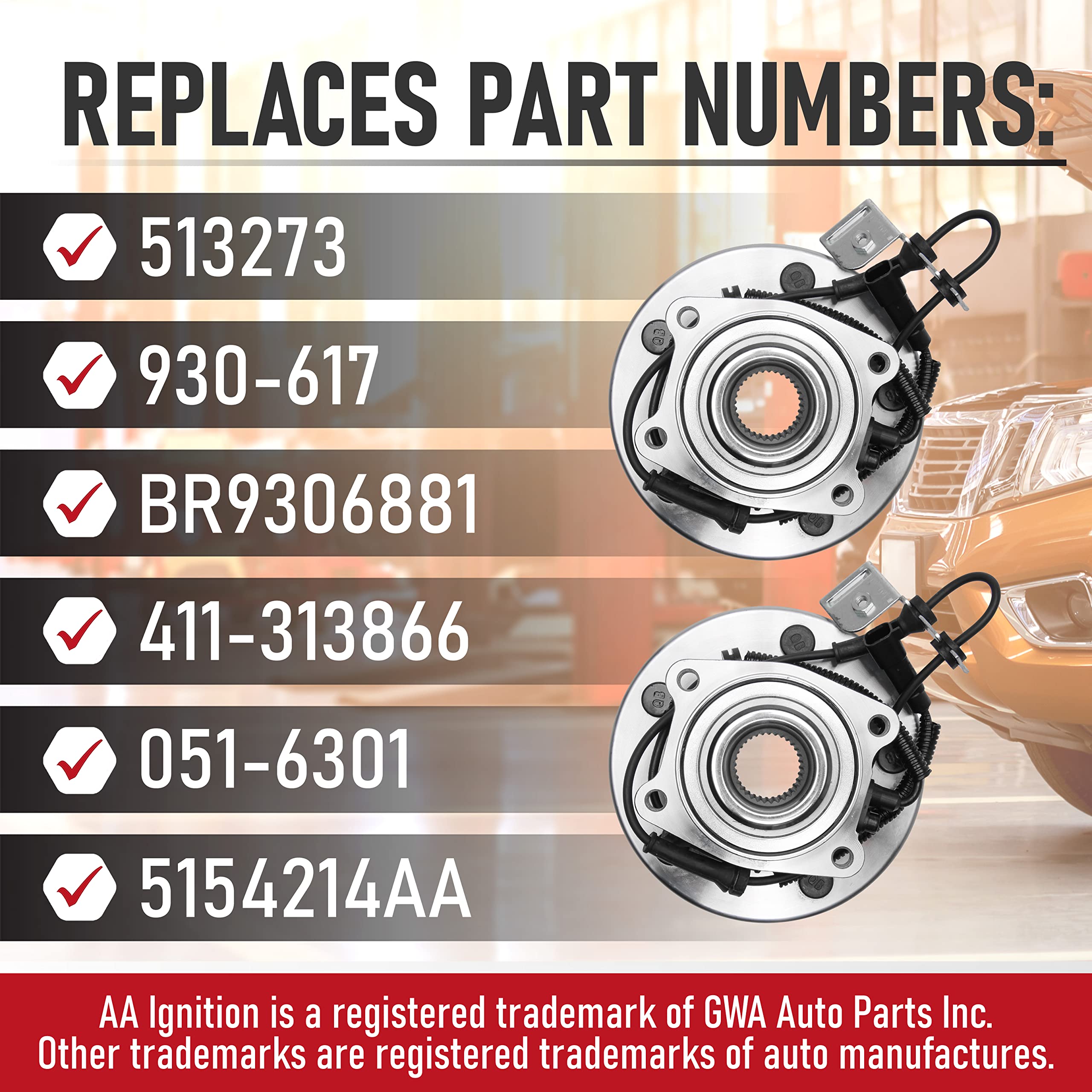 Replacement Front Wheel Hub Bearing Assembly Set Of 2 - Compatible With Chrysler, Dodge & Volkswagen Vehicles - Town & Country,
