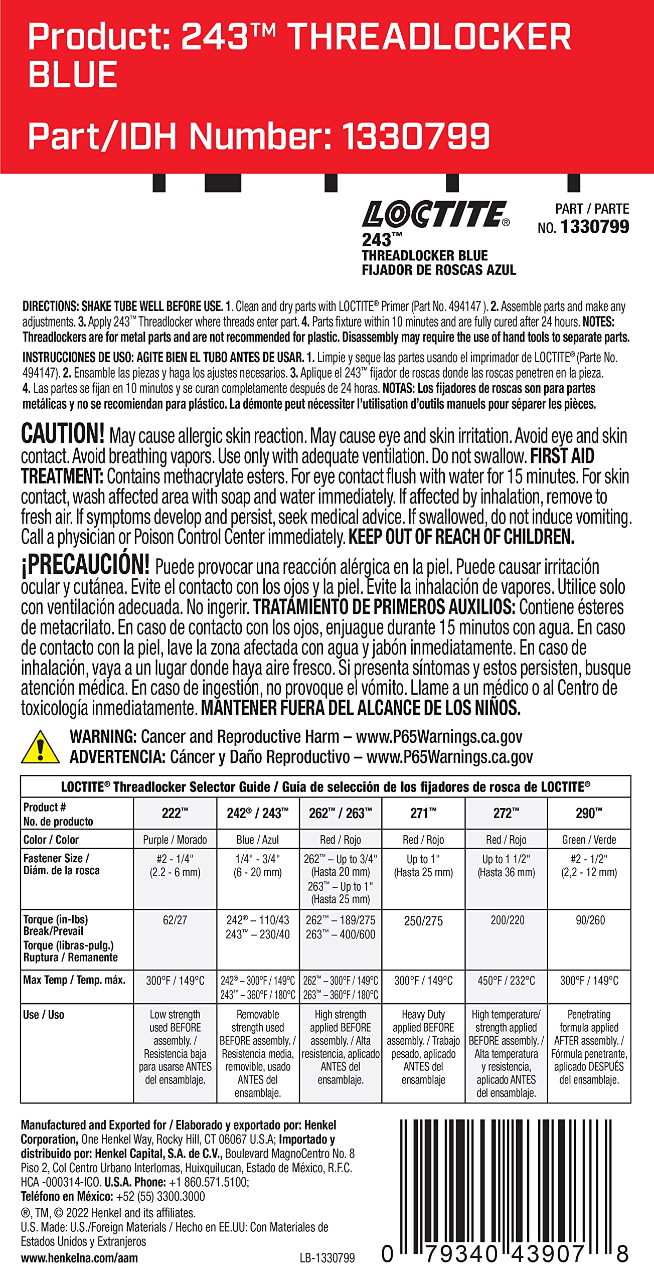 Loctite 243 Automotive Threadlocker Blue - Medium Strength Thread Lock, General Purpose, Oil Tolerant - 6 Ml, 1 Pack