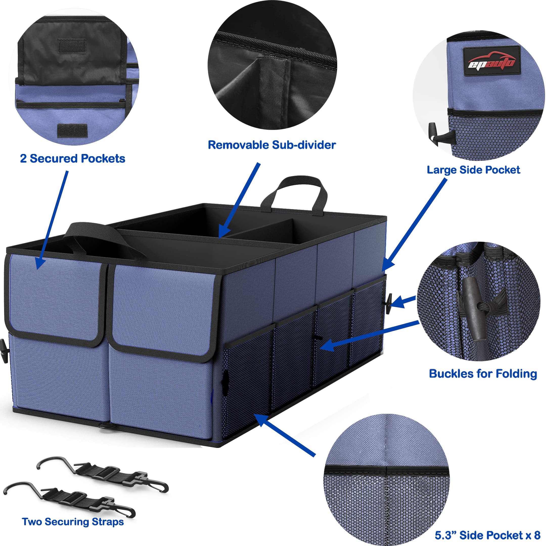 Epauto Foldable Car Trunk Organizer, 3-Compartment With Removable Divider, Blue