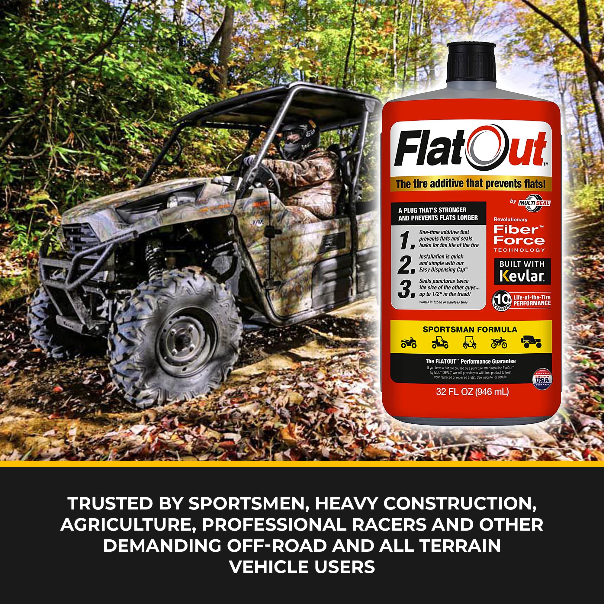 FlatOut Tire Sealant Sportsman Formula - 32 oz Bottle, Prevents Flat Tires, Seals Leaks, Contains Kevlar, 1-Pack