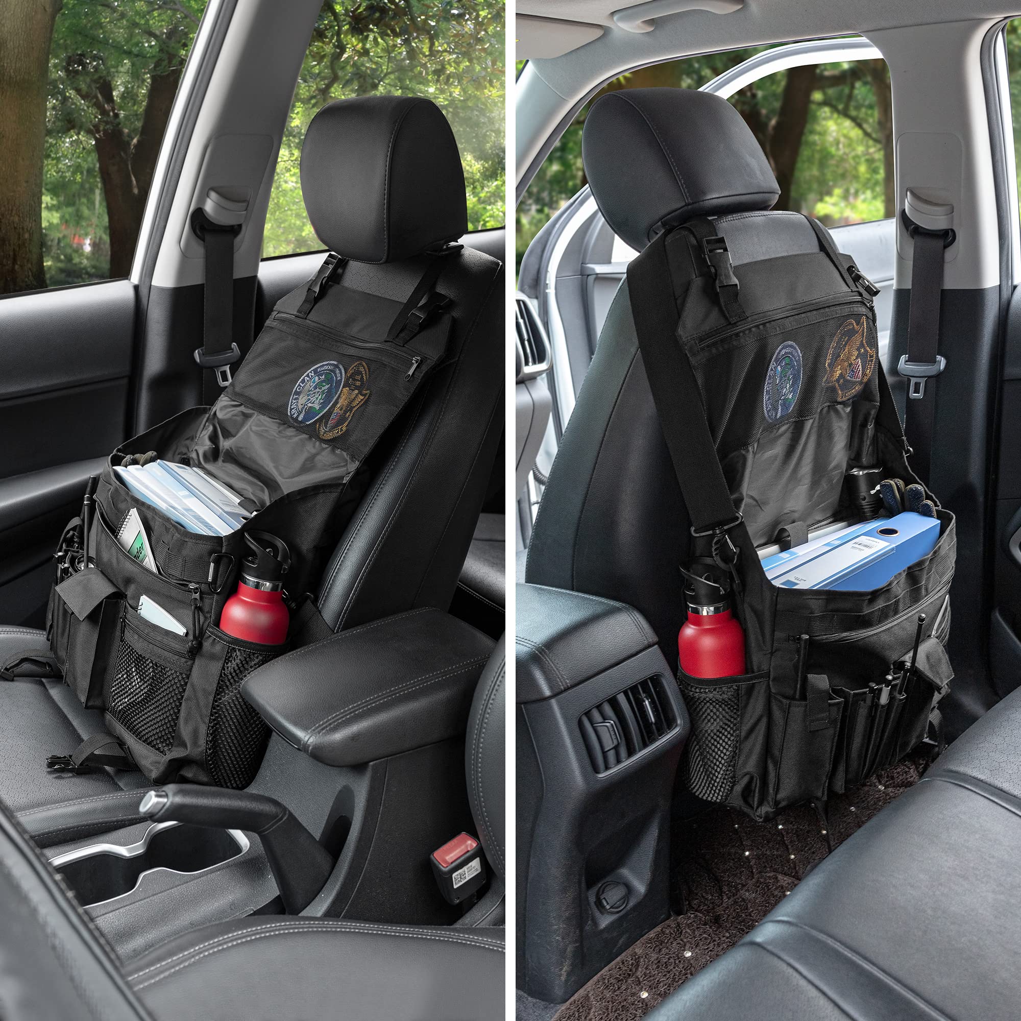 Trunab Patrol Bag, Car Front Seat Organizer, Police Duty Bag For Law Enforcement With 15.6” Laptop Sleeve, Molle Webbing, Multiple Compartment, Removable Strap, Black