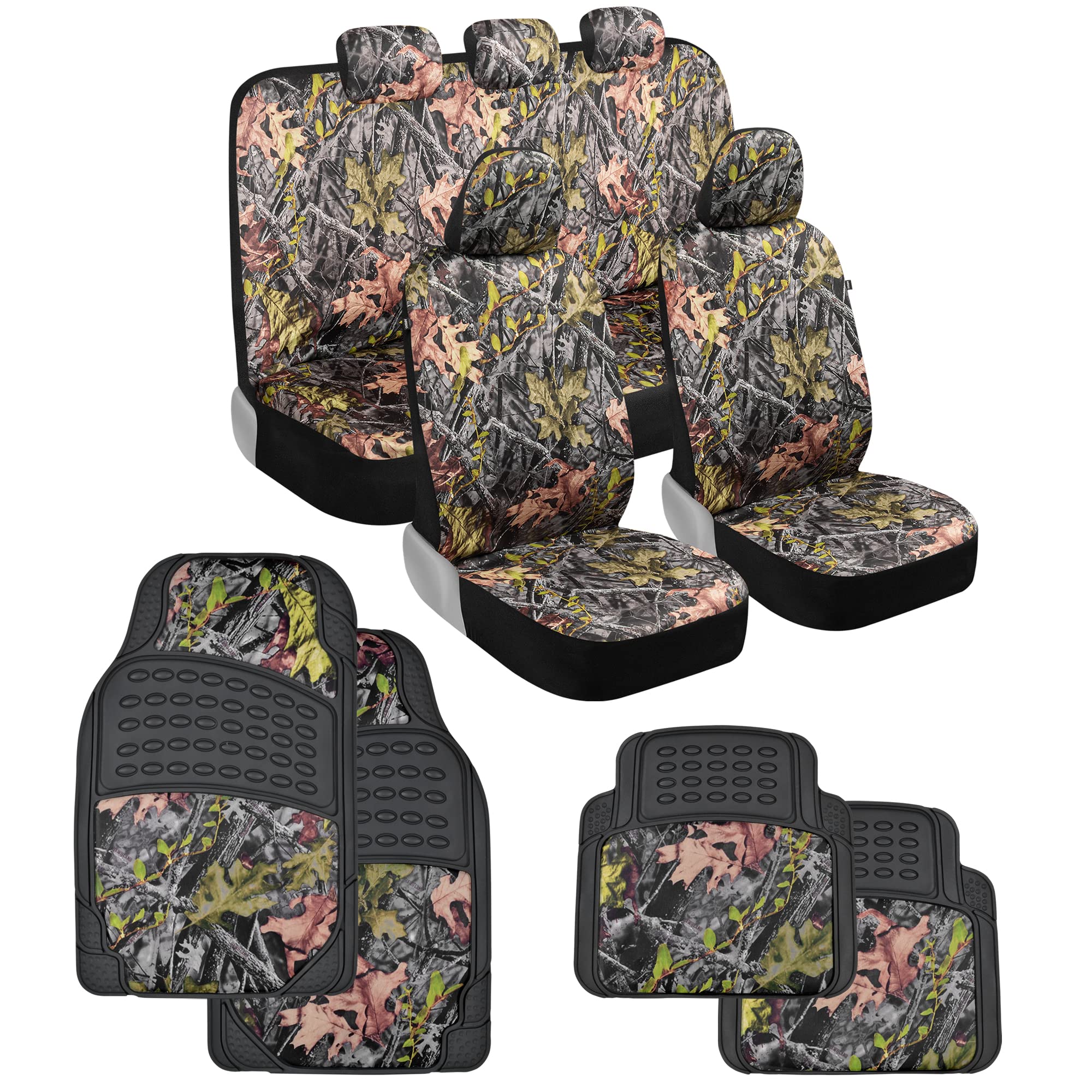 BDK Camo Car Seat Covers Full Set with Floor Mats - Complete Interior Protection Set, Realistic Green Forest Camouflage Pattern,
