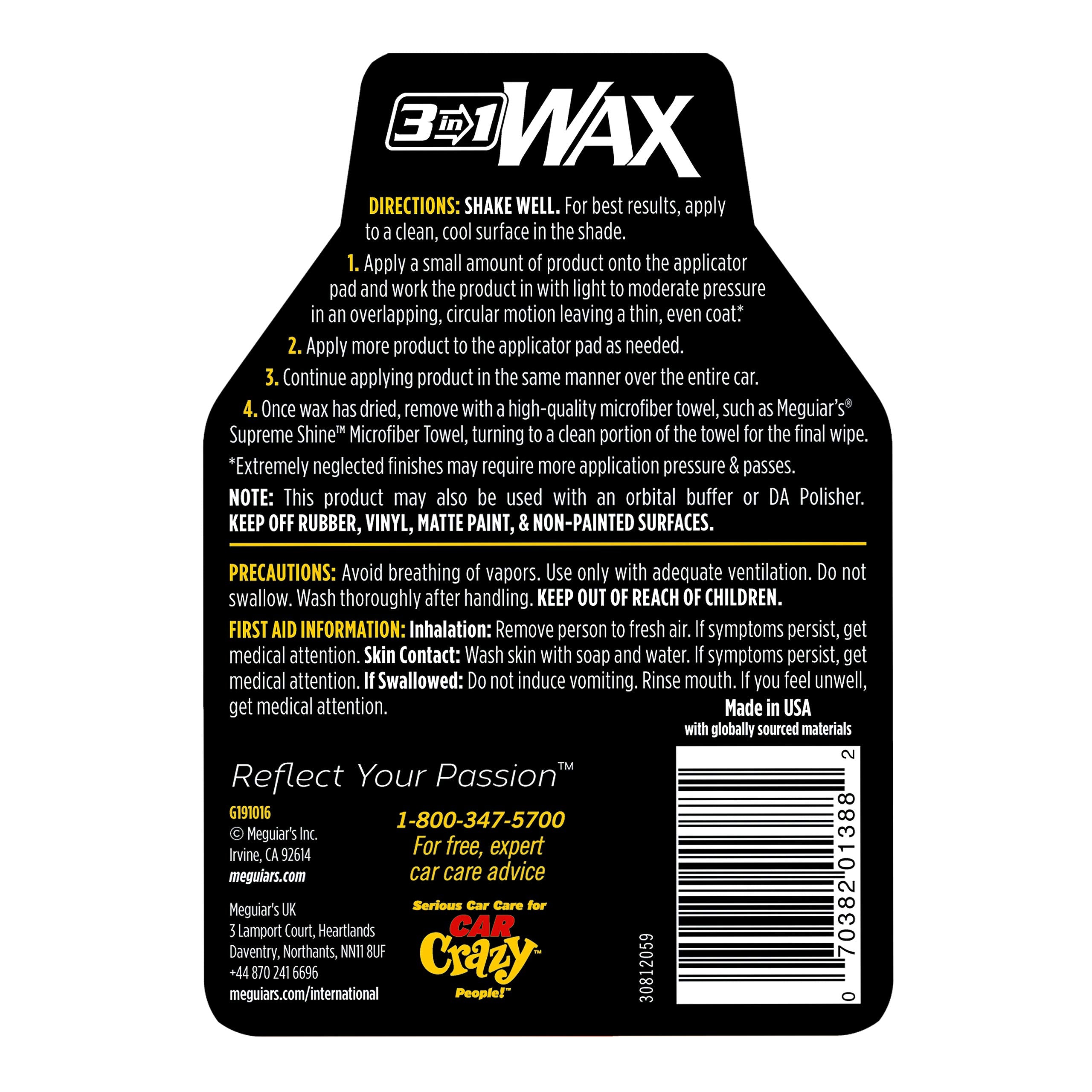Meguiar's 3 In 1 Wax - Advanced Cleaner Wax that Blends Defect and Scratch Removal, Car Polishing for a High Gloss, and Long-Lasting Paint Protection All in One Step, 16 Oz Liquid Wax