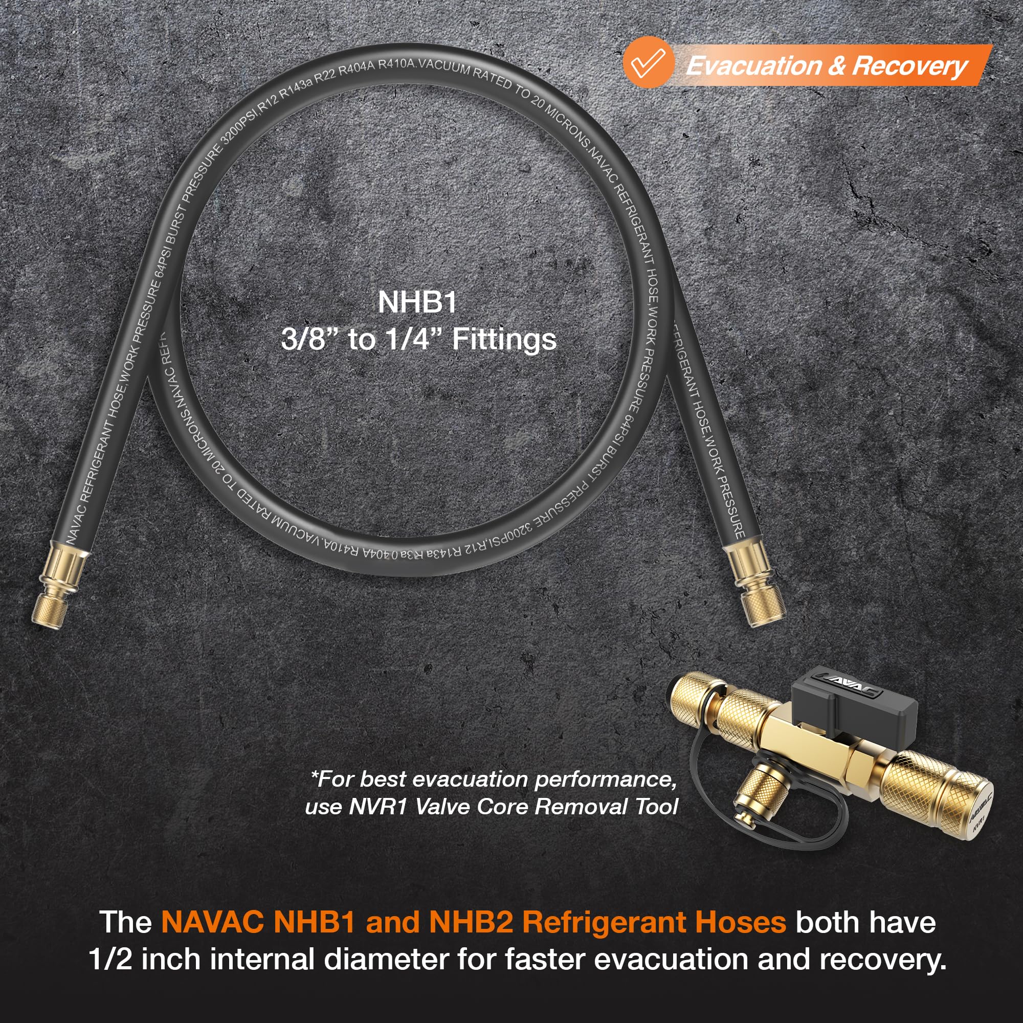 Navac Nhb1 High-Flow Refrigerant Hose | 3/8'' To 1/4'' Fittings | 6 Feet Length | 1/2'' Internal Diameter | Faster Hvac Evacuati