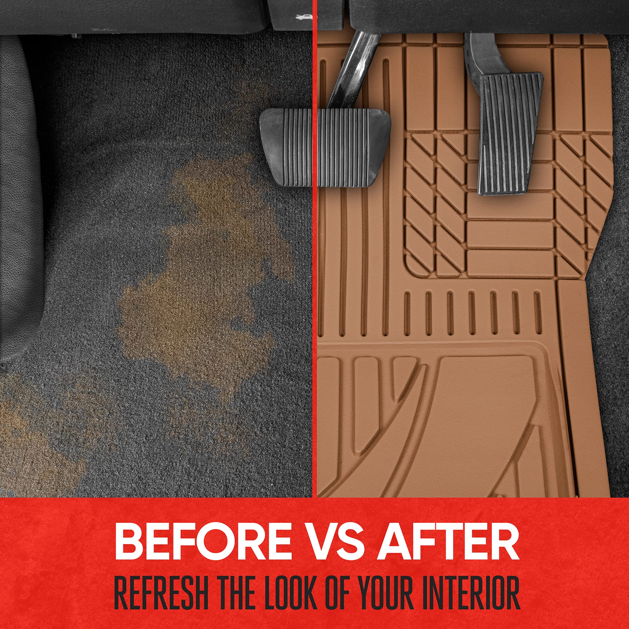 Motor Trend FlexTough Advanced Beige Rubber Car Floor Mats - Heavy Duty Trim to Fit All Weather Floor Mats for Cars Truck SUV -
