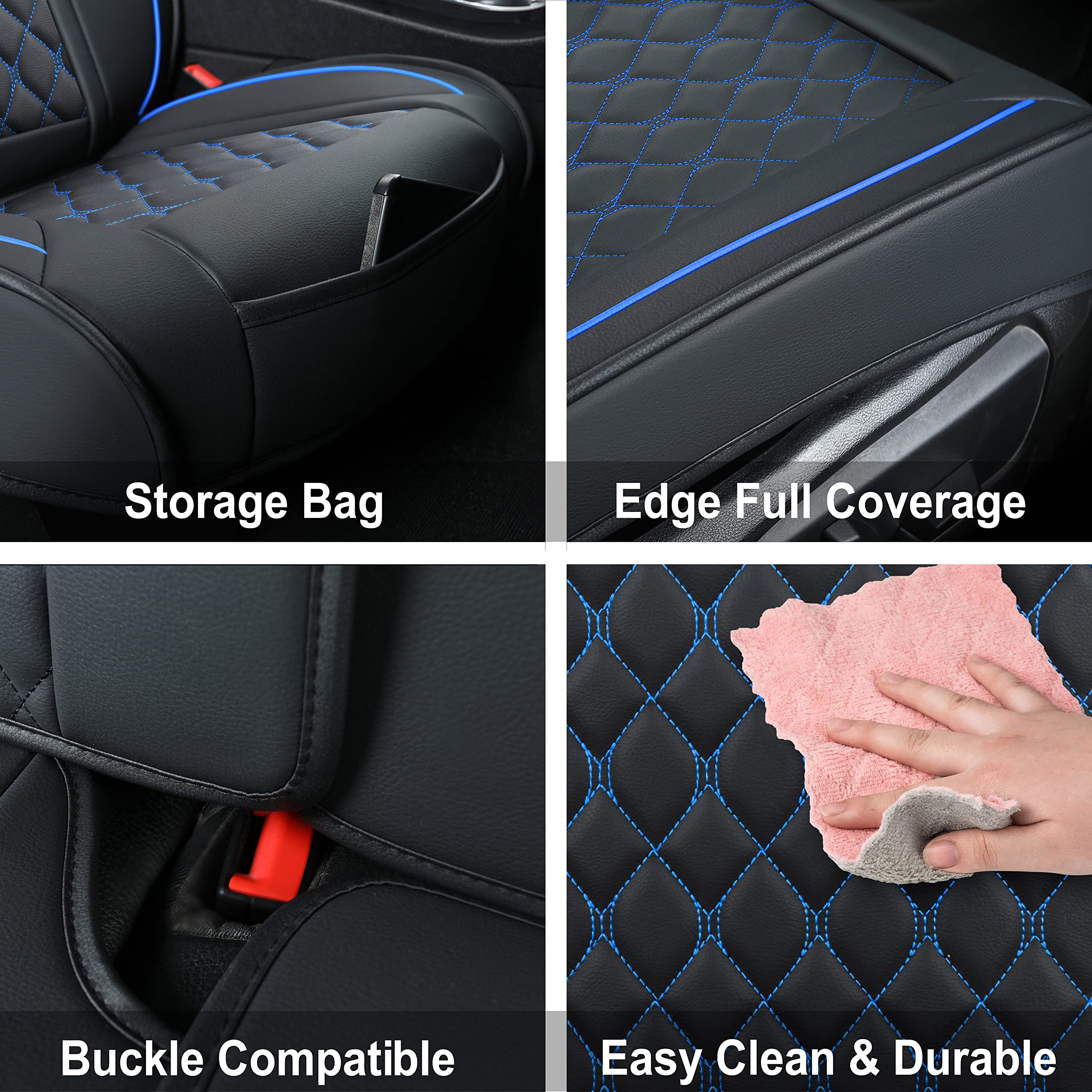 Leather Car Seat Covers Full Set,Universal Fit For Most Cars,Suv,Sedans And Pick-Up Trucks,Automotive Vehicle Faux Leather Cushion Covers For 5 Passenger Cars(Full Set,Black/Blue)