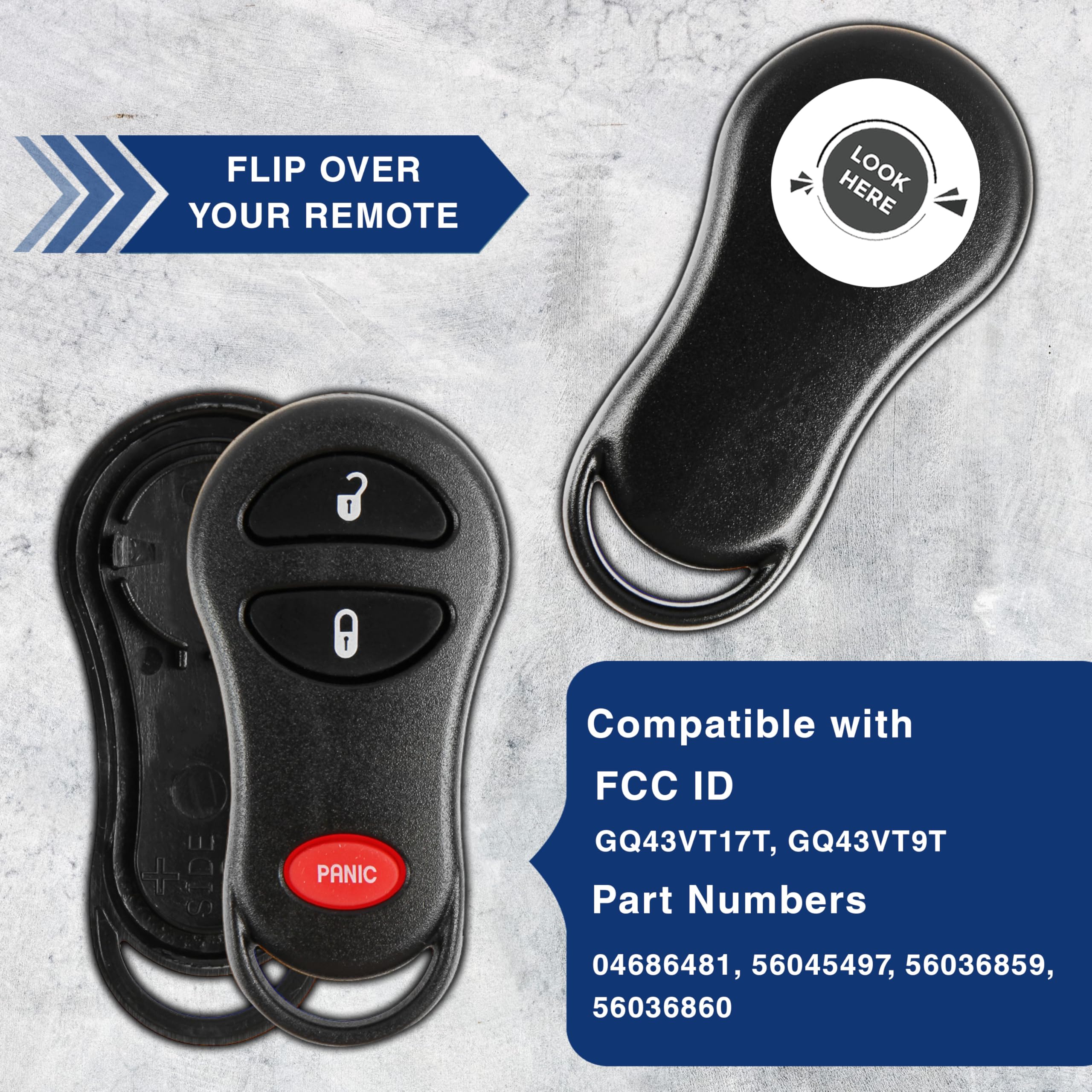 KeylessOption Key Fob Cover Case Replacement for 1999 2000 2001 2002 2003 2004 2005 Chrysler Caravan Dodge Ram Jeep Cherokee Remote Shell, 3-Button GQ43VT17T, GQ43VT9T, No Programming Required