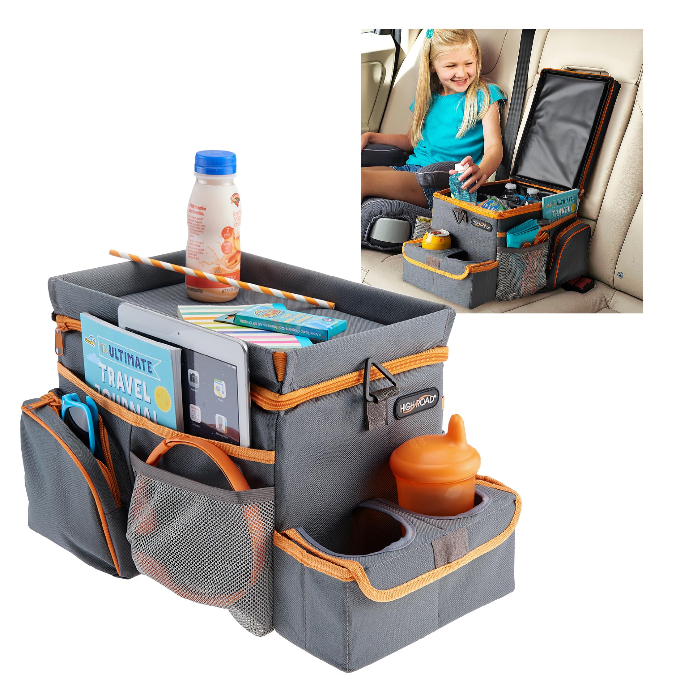 High Road CarHop Gray Car Seat Organizer for Kids & Adults - Medium with Cup Holder, Side Pockets & Cooler Compartment