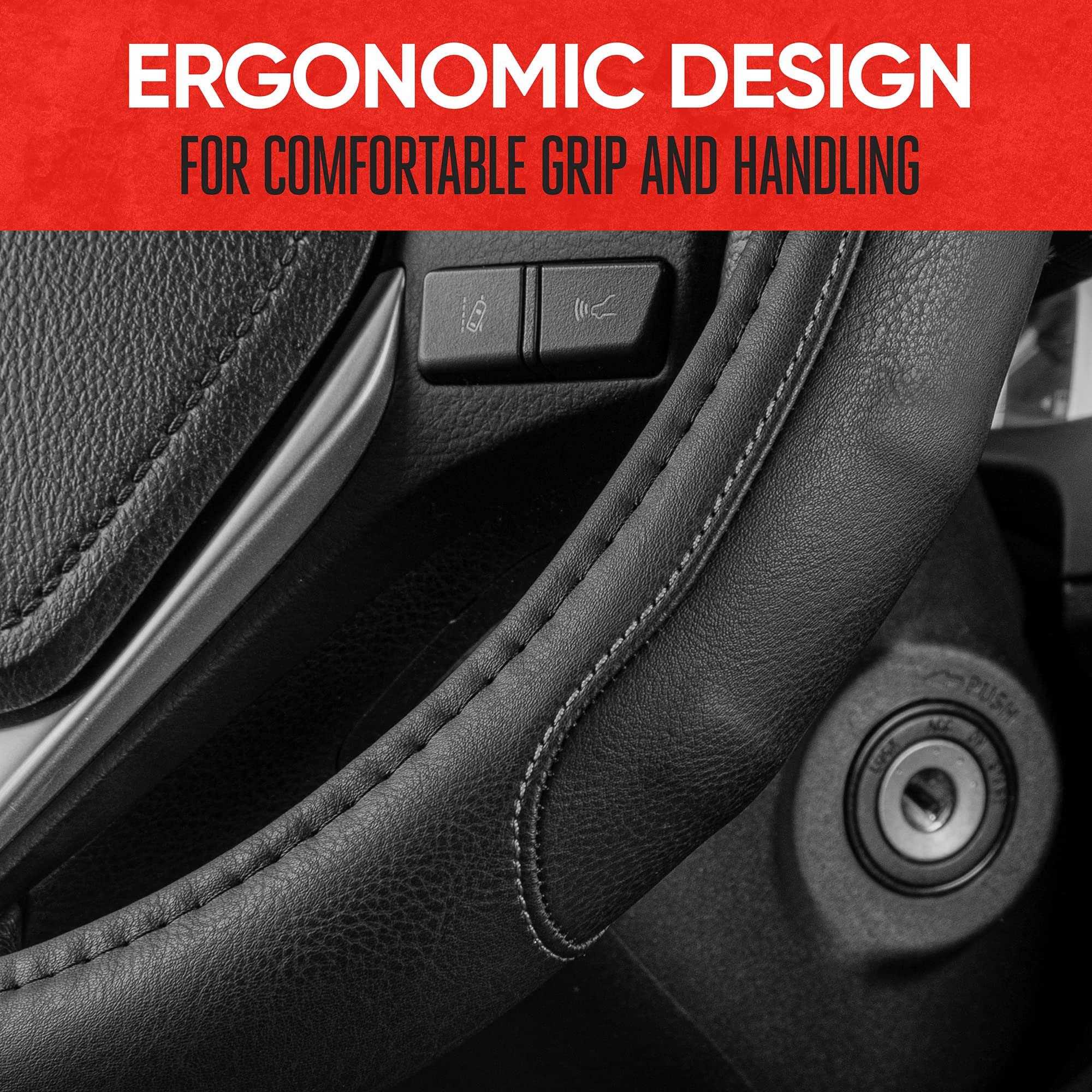 Motor Trend Sw-761-Gr-M__Am Gripdrive Synthetic Leather Auto Car Steering Wheel Cover Black W/ Gray Accent Stitching Comfort Gri