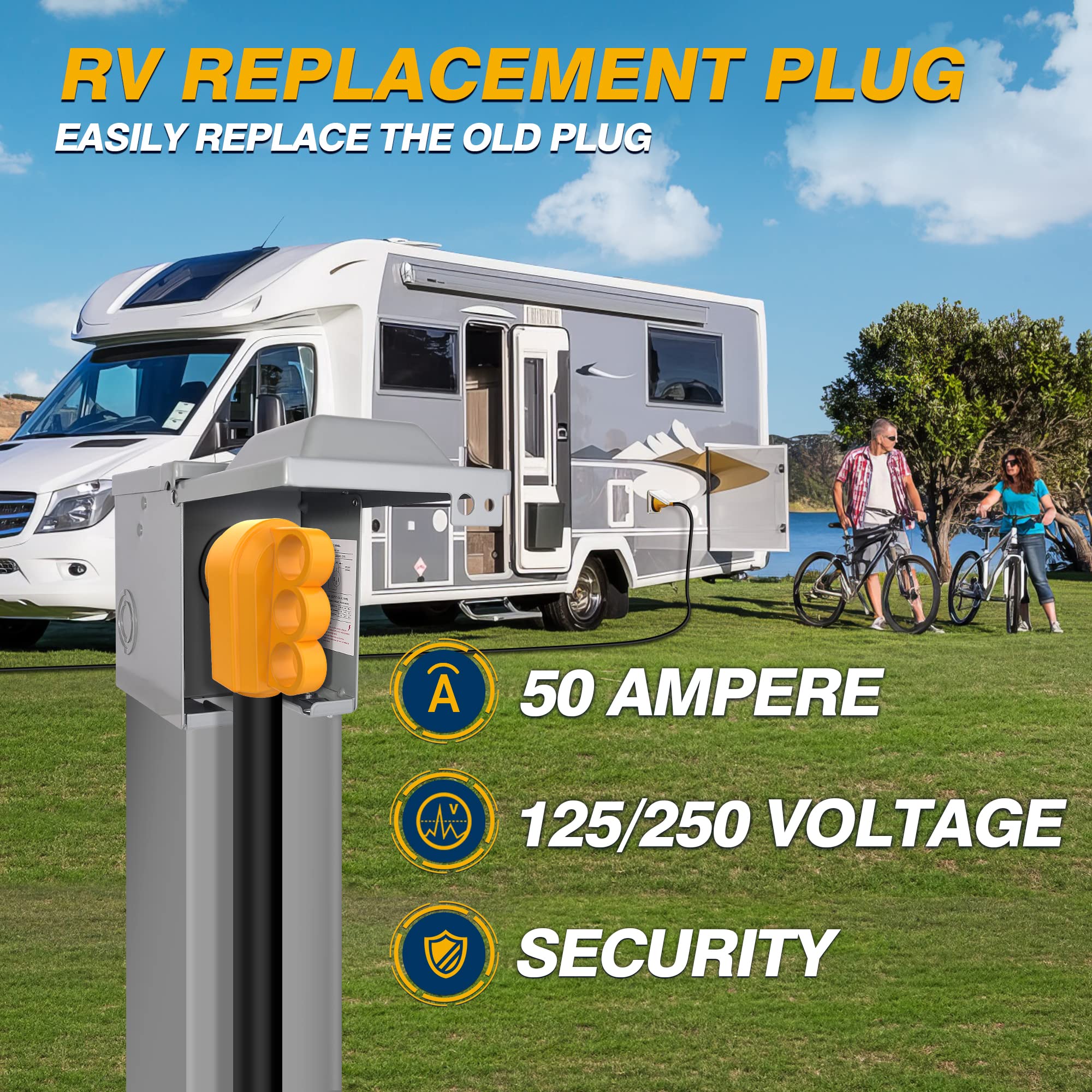 Mictuning 125 250V 50Amp Heavy Duty Rv Replacement Male Plug With Ergonomic Handle Yellow
