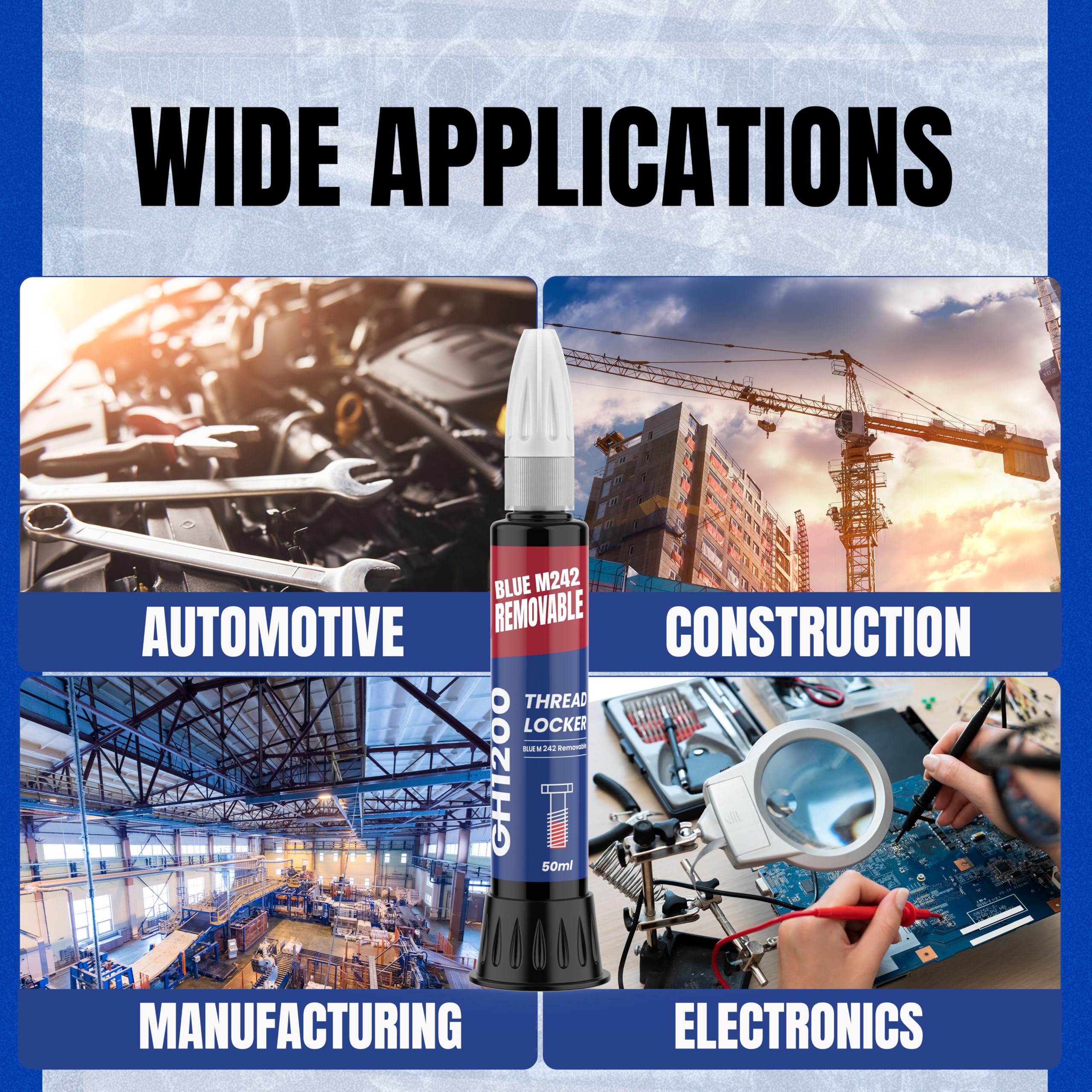 Gh1200-50Ml Blue Thread Lock Medium Strength For Nuts, Bolts, And Metals - Threadlocker Lock Tight & Seal Fasteners With Stable