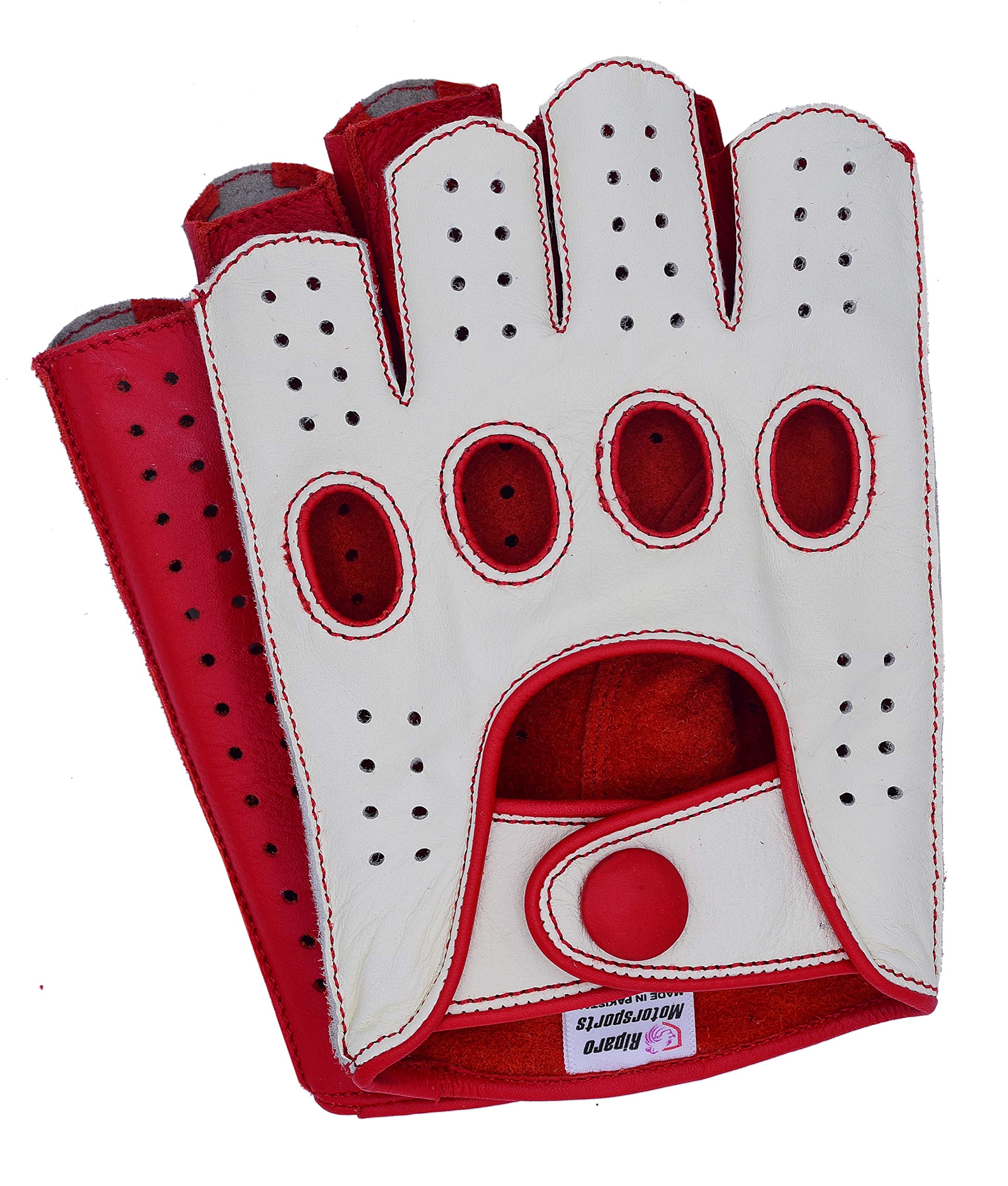 Riparo Mens Leather Reverse Stitched Fingerless Half-Finger Driving Motorcycle Gloves (X-Small, White/Red)