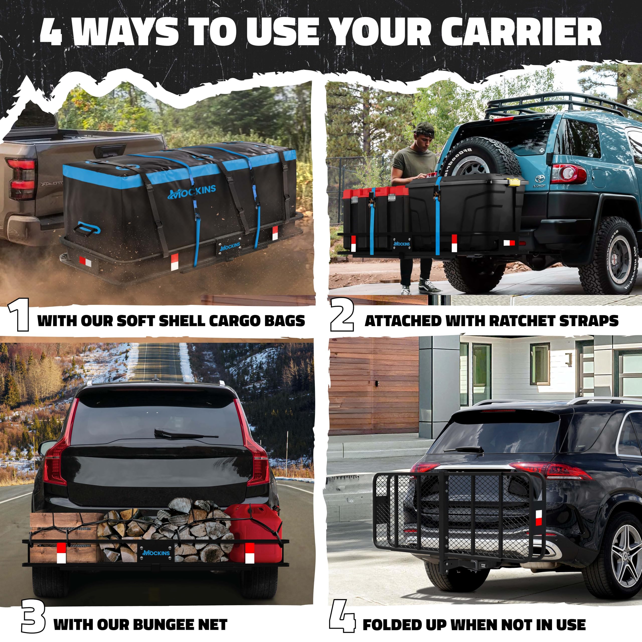 Mockins 60X20X6 Folding Hitch Mount Cargo Carrier & 16Cuft Hitch Cargo Carrier Bag |500Lbs Anti-Rust Vehicle Cargo Carriers W/Waterproof Soft-Shell Truck Bed Cargo Bag | Cargo Racks For Trailer Hitch
