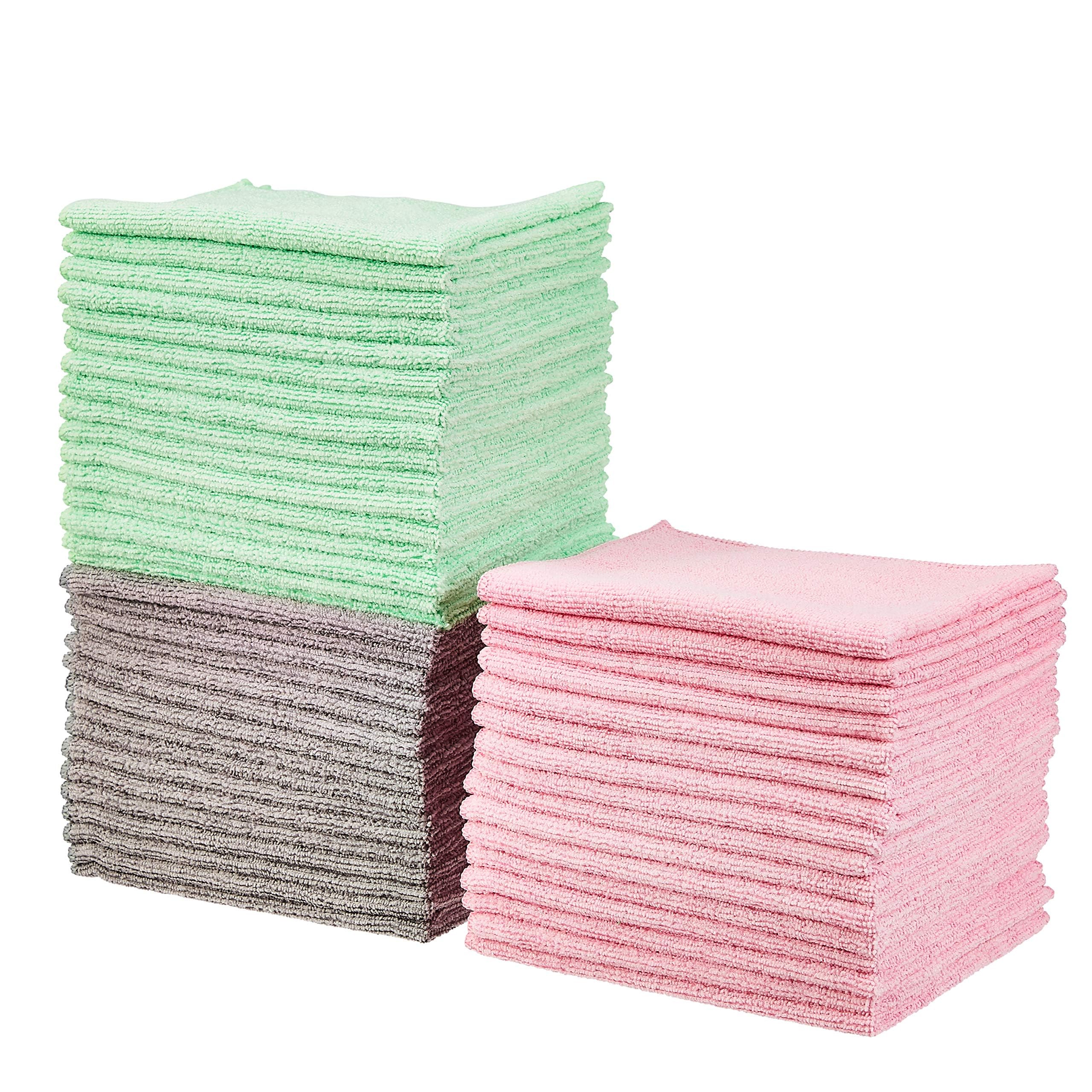 Amazon Basics Microfiber Cleaning Cloths, Non-Abrasive, Reusable And Washable, Pack Of 48, Green/Gray/Pink, 16'' X 12''
